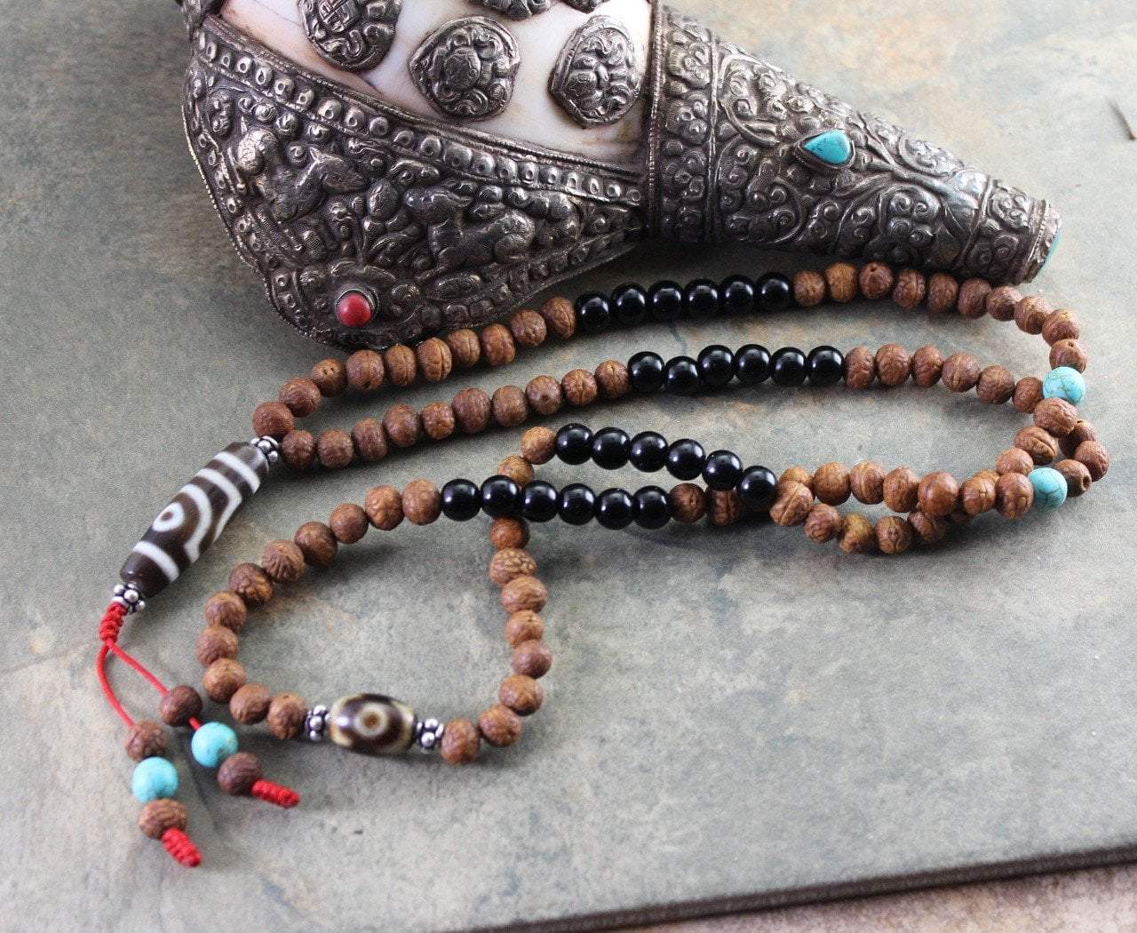 3 Eye Dzi Bead Necklace - Genuine Onyx & Raktu Seed Beads for Protection & Good Luck | Spiritual Jewelry for Meditation, Yoga & Buddhist Practices