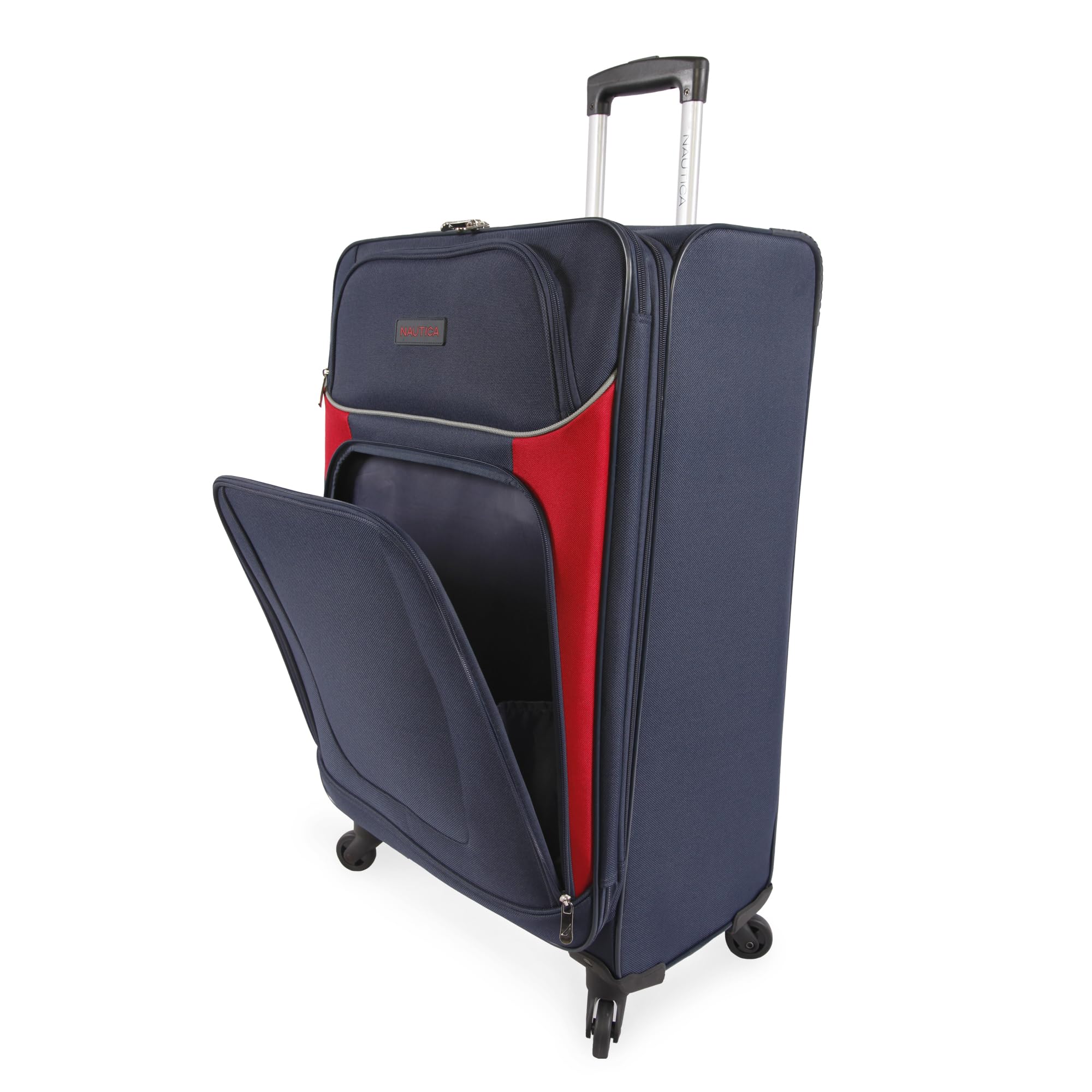 NAUTICA Oceanview 5-Piece Softside Luggage Set in Navy & Red - Lightweight Spinner Suitcase for Travel, Vacation & Business Trips