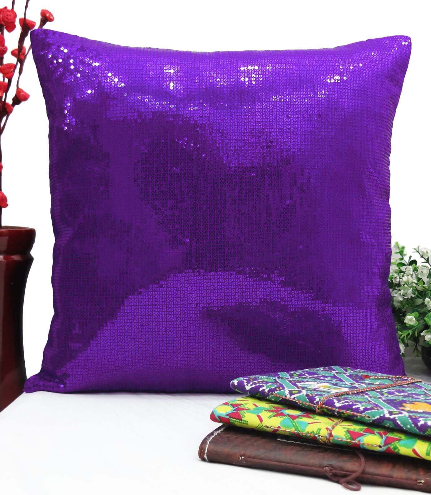 YUGA Metallic Purple Sequin Throw Pillow Cover 16x16 Inches - Glitter Cushion Case for Wedding Decor, Living Room, Bedroom & Lounge Sofa Decorations