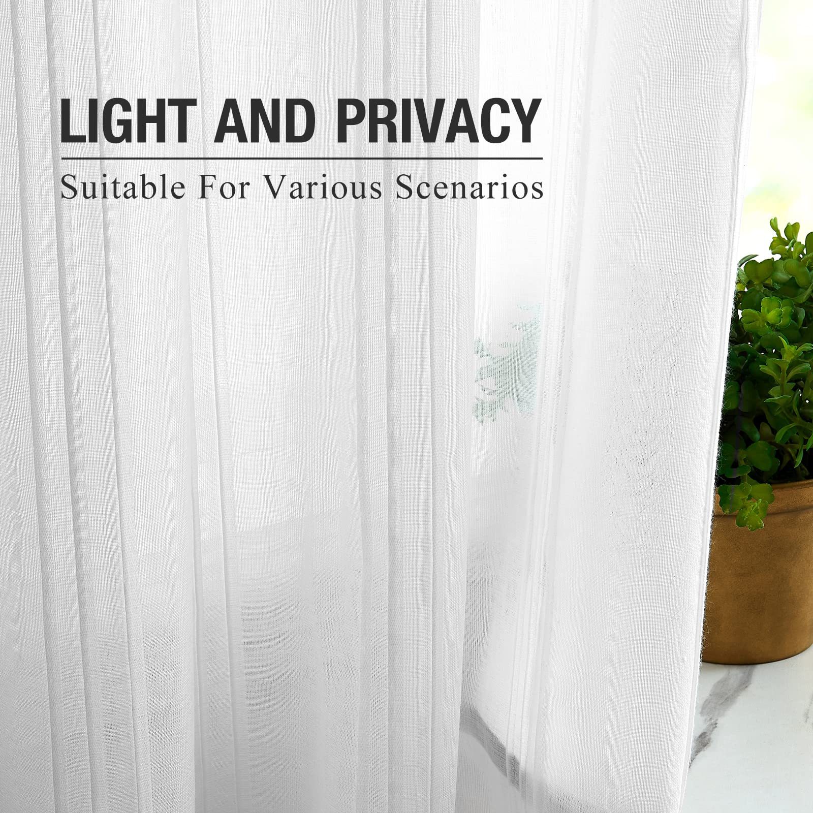 Rod Pocket Window Curtains Panels - White Sheer Linen Privacy Drapes with Elegant Vertical Stripes, Extra Long 108