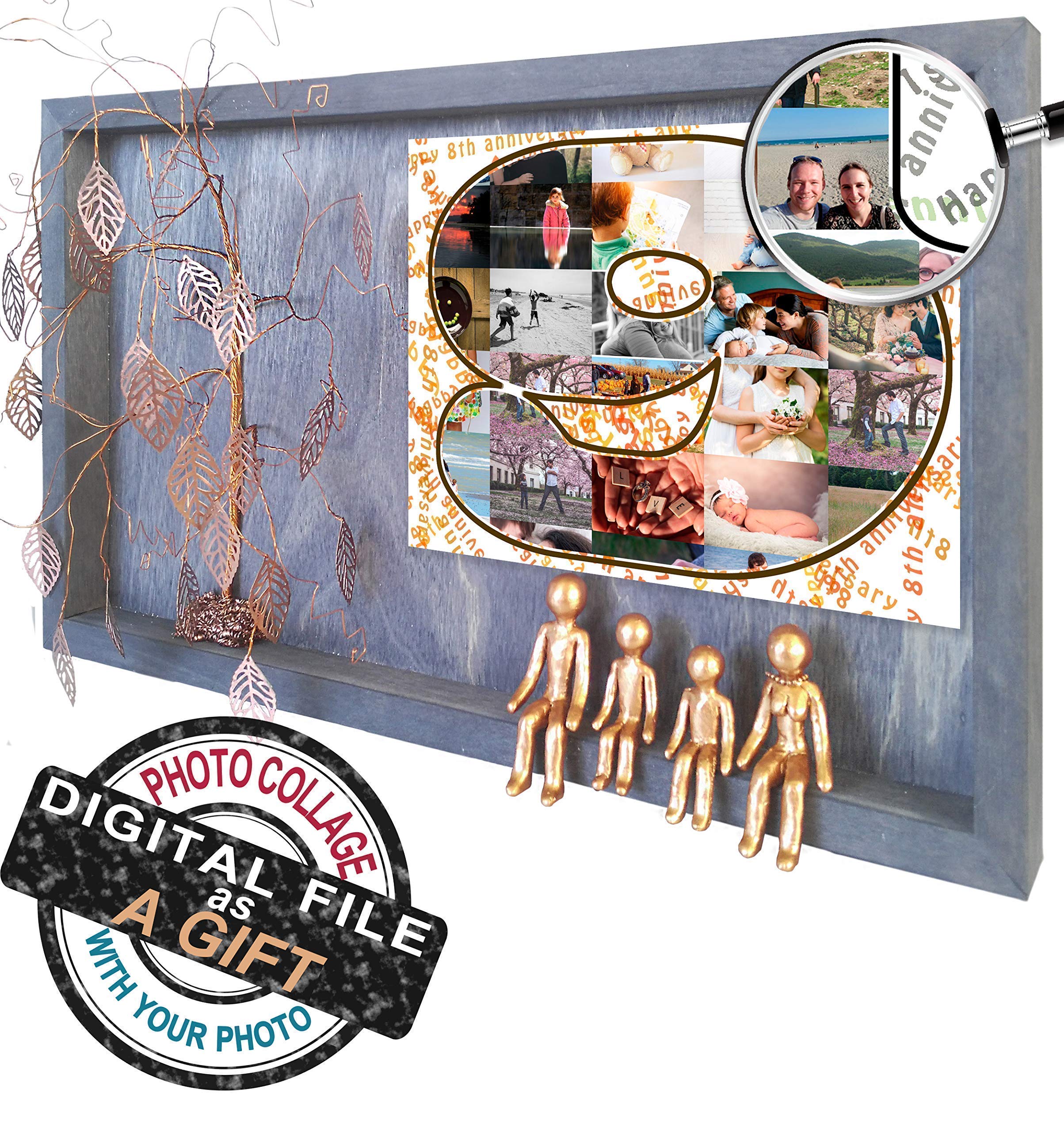 Personalized Bronze Wedding Anniversary Picture Frame Collage - Willow Tree Family of 4 Figurines for 7th, 8th, 19th Year - Unique Christmas Gifts for Wife, In-Laws - Metal Wall Decor for Home & Office