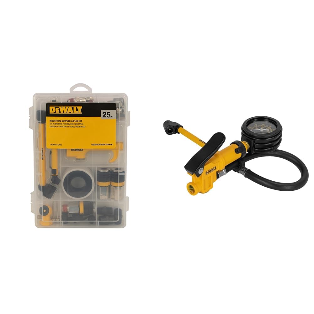 DEWALT 25-Piece Industrial Air Coupler and Plug Kit with Inflator, Analog Pressure Gauge & Hose - Perfect for Tire Inflation, Pneumatic Tools & Workshop Air Compressor Systems