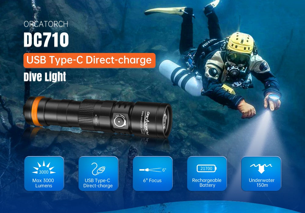 Orcatorch DC710 3000 Lumens Professional Underwater Dive Light - Waterproof Scuba Torch for Night Diving, Spearfishing & Marine Exploration