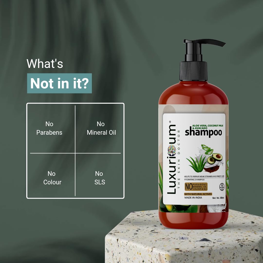 LUXURIOUM Aloe Vera, Coconut Milk & Avocado Shampoo for Curly, Wavy, Frizzy Hair - Intense Moisturizing Shampoo with Vitamin E, 300ml - 24H Hydration, Nourishes & Strengthens Hair - Perfect for Dry, Damaged Hair Care & Daily Hydration