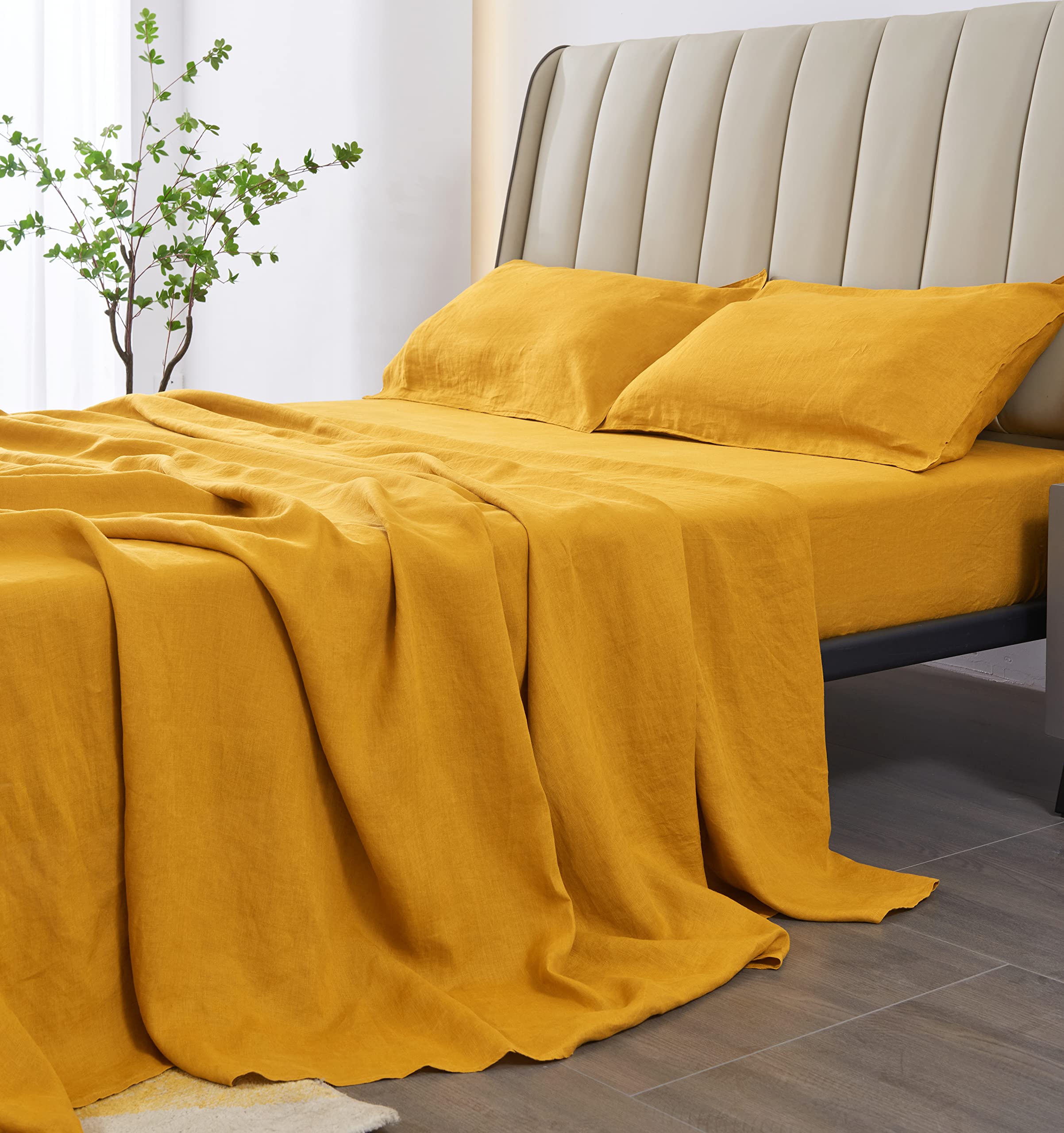 100% Organic Linen Sheets California King Size - French Flax Bedding Set 4pc (Stone Washed, Breathable, Yellow) | Luxury Eco-Friendly Bed Sheets for Master Bedroom & Guest Room