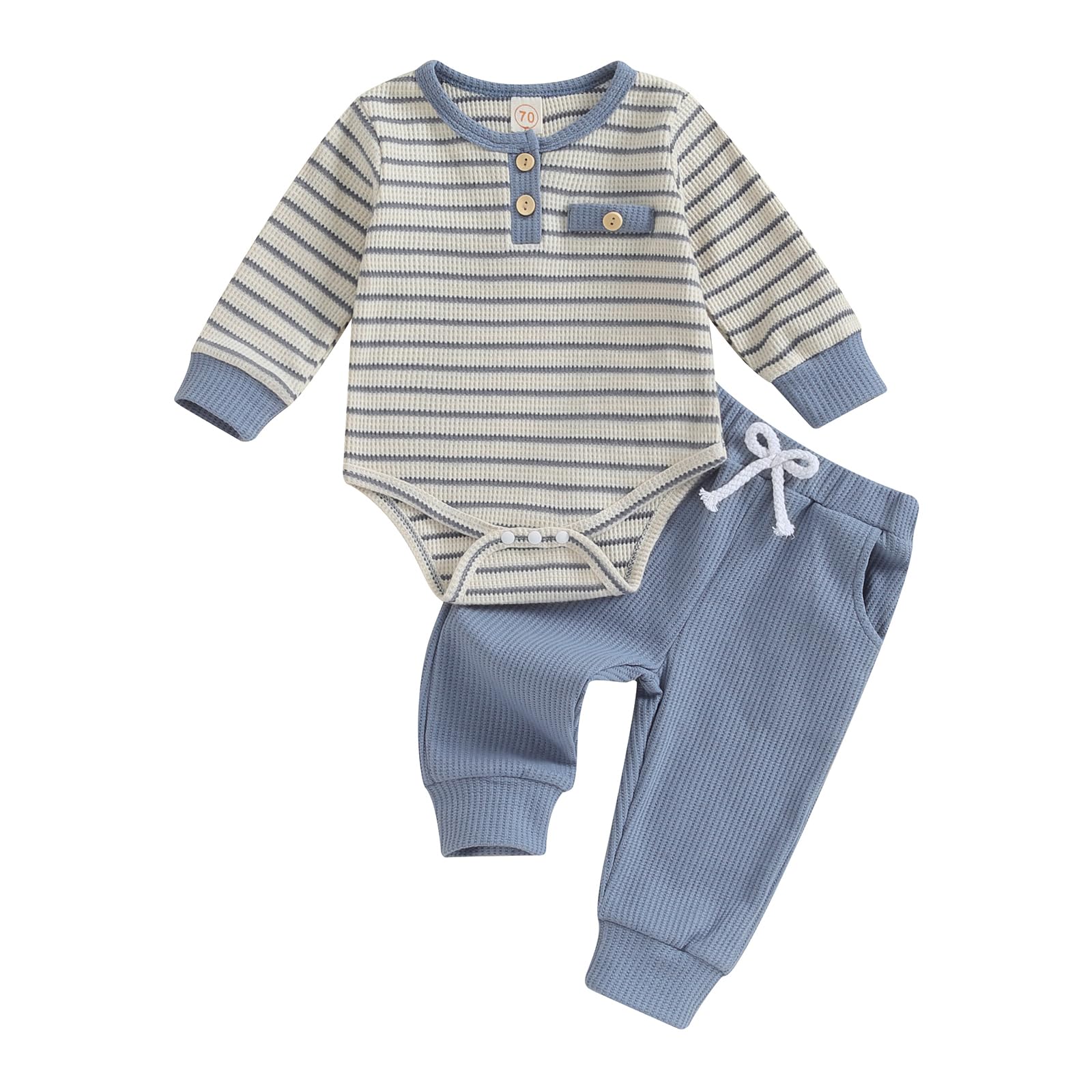Kuriozud Newborn Baby Boy Clothes - Soft Waffle Long Sleeve Romper & Pants Set with Button Closure | Cozy Fall Winter Outfit for Infants | Perfect for Family Photos, Holiday Gatherings & Daily Wear
