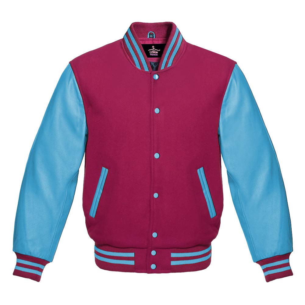 Varsity Jacket for Men & Women - Baseball Letterman Bomber with Wool Body & Genuine Leather Sleeves in Pink & Sky Blue - Perfect for School, College & Casual Wear