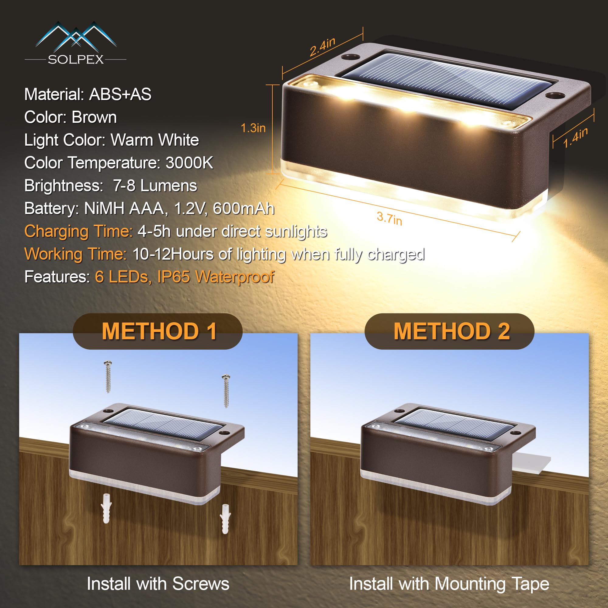 SOLPEX 16 Pack Solar Fence Lights Outdoor - 6 LED Waterproof Solar Powered Lights for Deck, Stair, Front Porch, Balcony, Walkway, Garden, Yard, Patio & Pool Decor - IP65 Waterproof Warm White Solar Lights for Nighttime Safety & Ambience