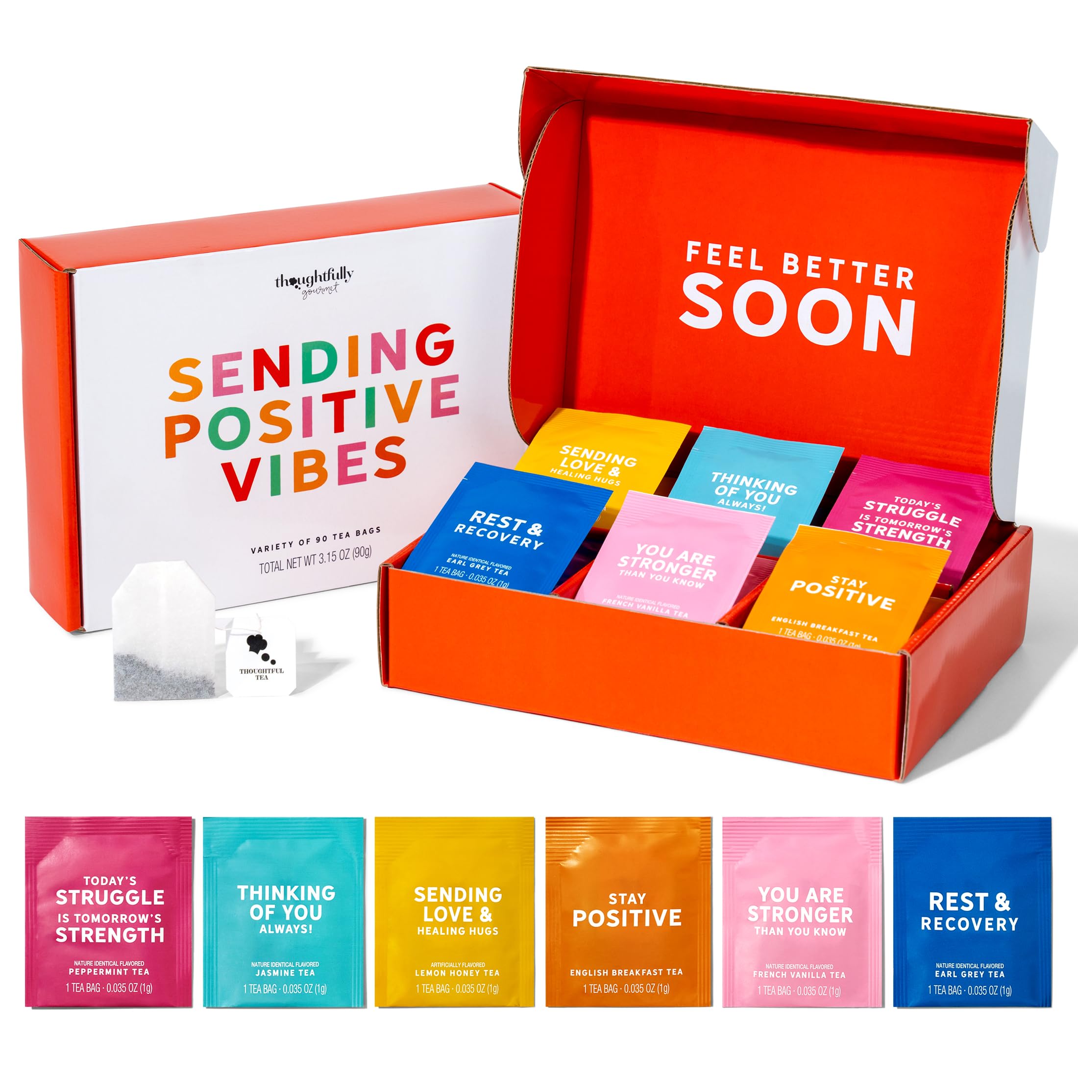 Thoughtfully Gourmet Tea Gift Set - 6 Flavor Tea Sampler with Uplifting Quotes (90 Count) | Wellness Gift for Her, Get Well Present, Relaxation & Positive Vibes | Perfect for Housewarming, Birthday, Thank You Gifts & Daily Stress Relief