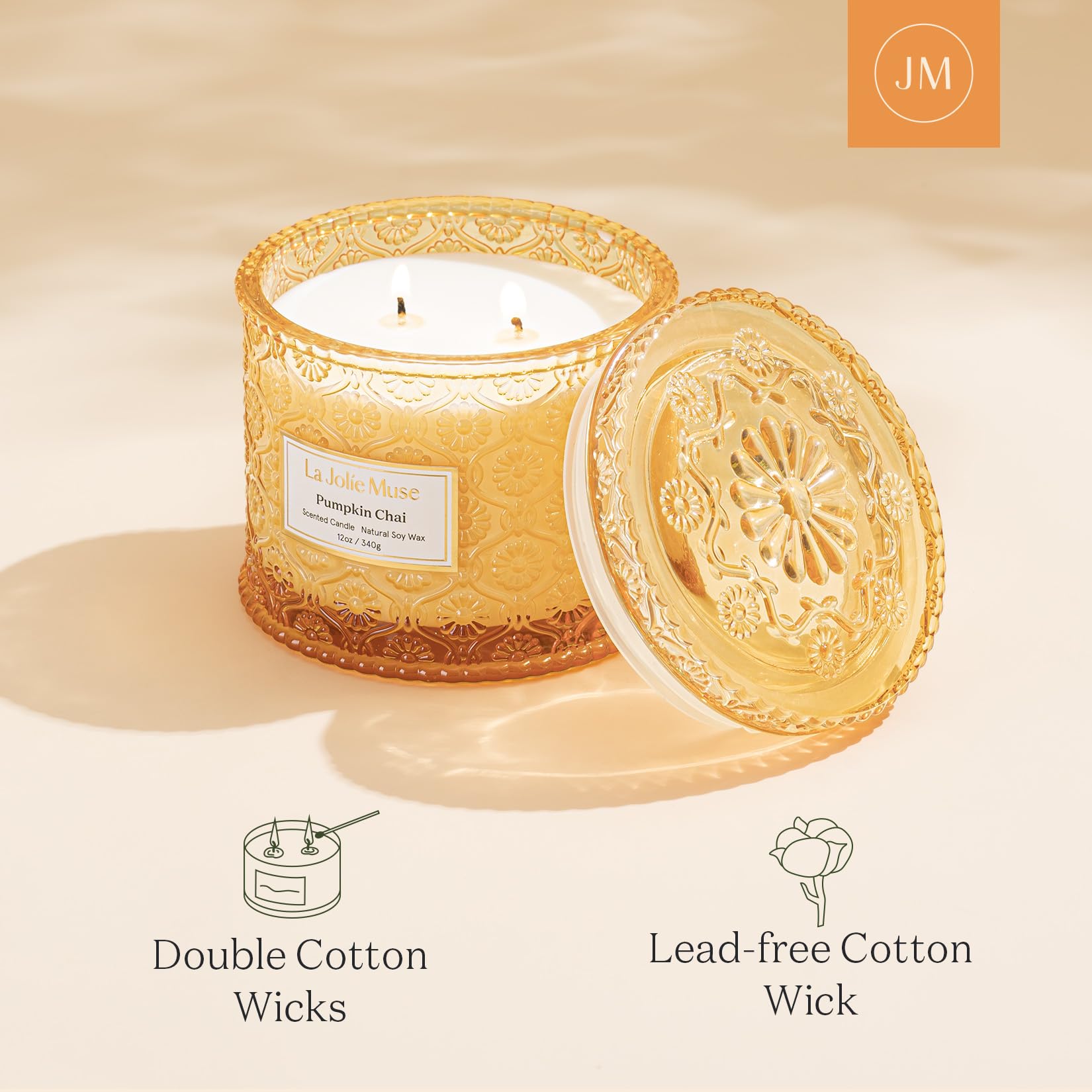 LA JOLIE MUSE Pumpkin Spice Scented Soy Candle - Large 2-Wick Fall Home Decor Candle, 60 Hours Burn Time, Luxury Jar Candle Gift for Women & Men (Pumpkin Chai, 12oz) - Perfect for Cozy Autumn Evenings, Thanksgiving Decor & Holiday Gifting