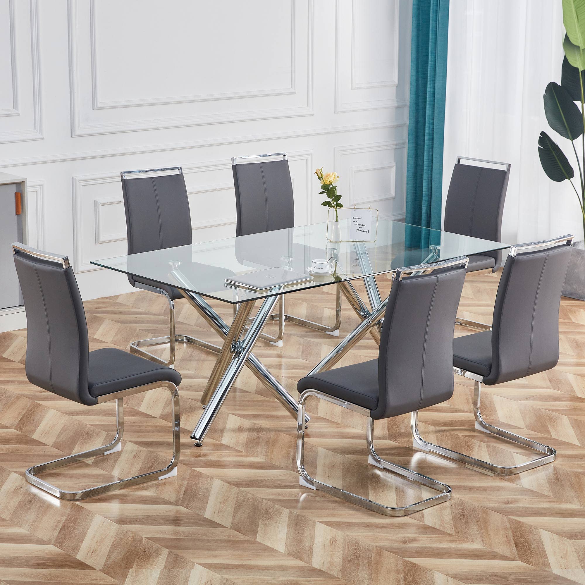 Modern Metal Dining Chairs Set of 4 - High Back Faux Leather Padded Kitchen Chairs with Sturdy Chrome Legs for Dining Room (Grey) - Perfect for Home, Restaurant & Office Use