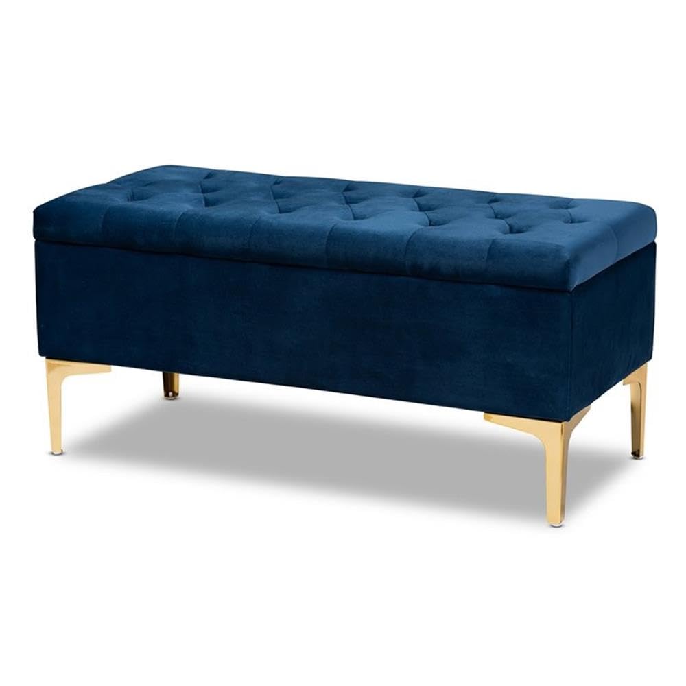 Navy Blue Velvet Storage Ottoman with Gold Buttons & Tufted Fabric - Perfect for Living Room, Bedroom & Home Decor