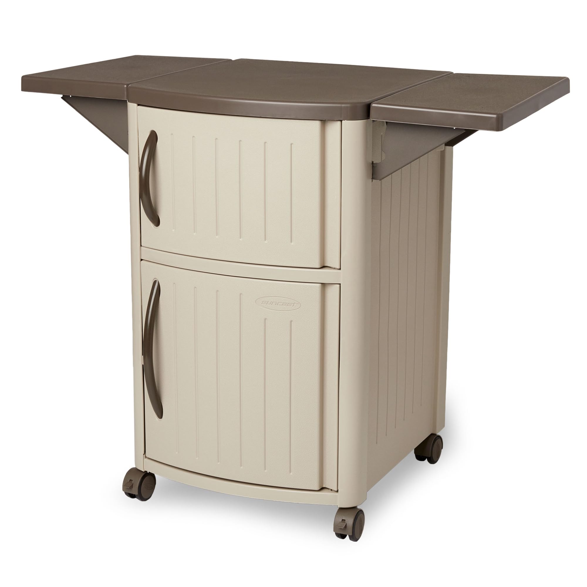 Suncast Outdoor Patio Grill Prep Station Cart with 2 Storage Cabinets - Light Taupe/Mocha - Perfect for Backyard BBQs, Outdoor Cooking & Patio Organization