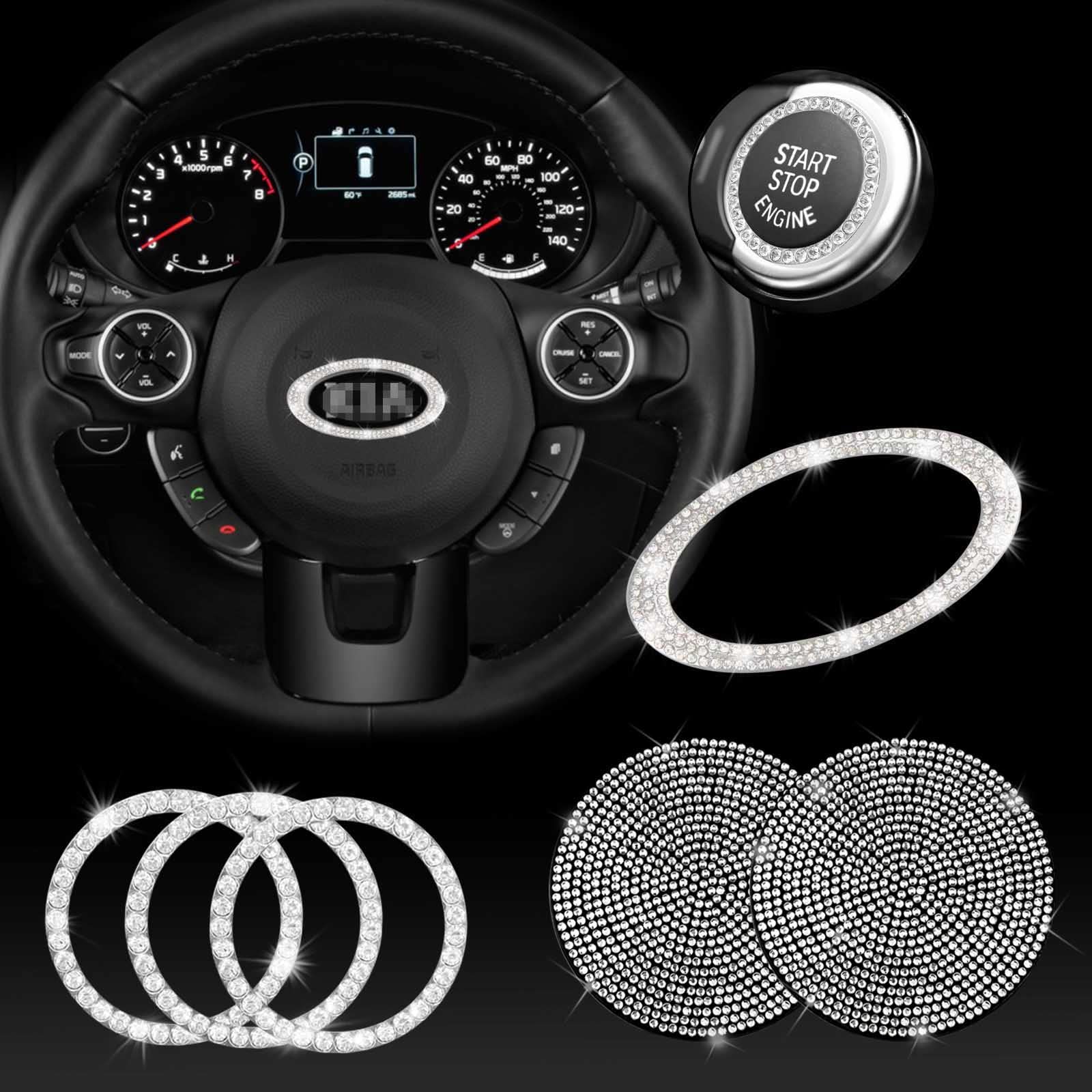 JINGSEN Bling Bling Car Steering Wheel Diamond Crystal Decal Cover Sticker - DIY Luxury Steering Wheel Emblem Accessories for KIA - Includes 2 Pack Silicone Car Coasters - Perfect for Customizing & Protecting Your Car Interior