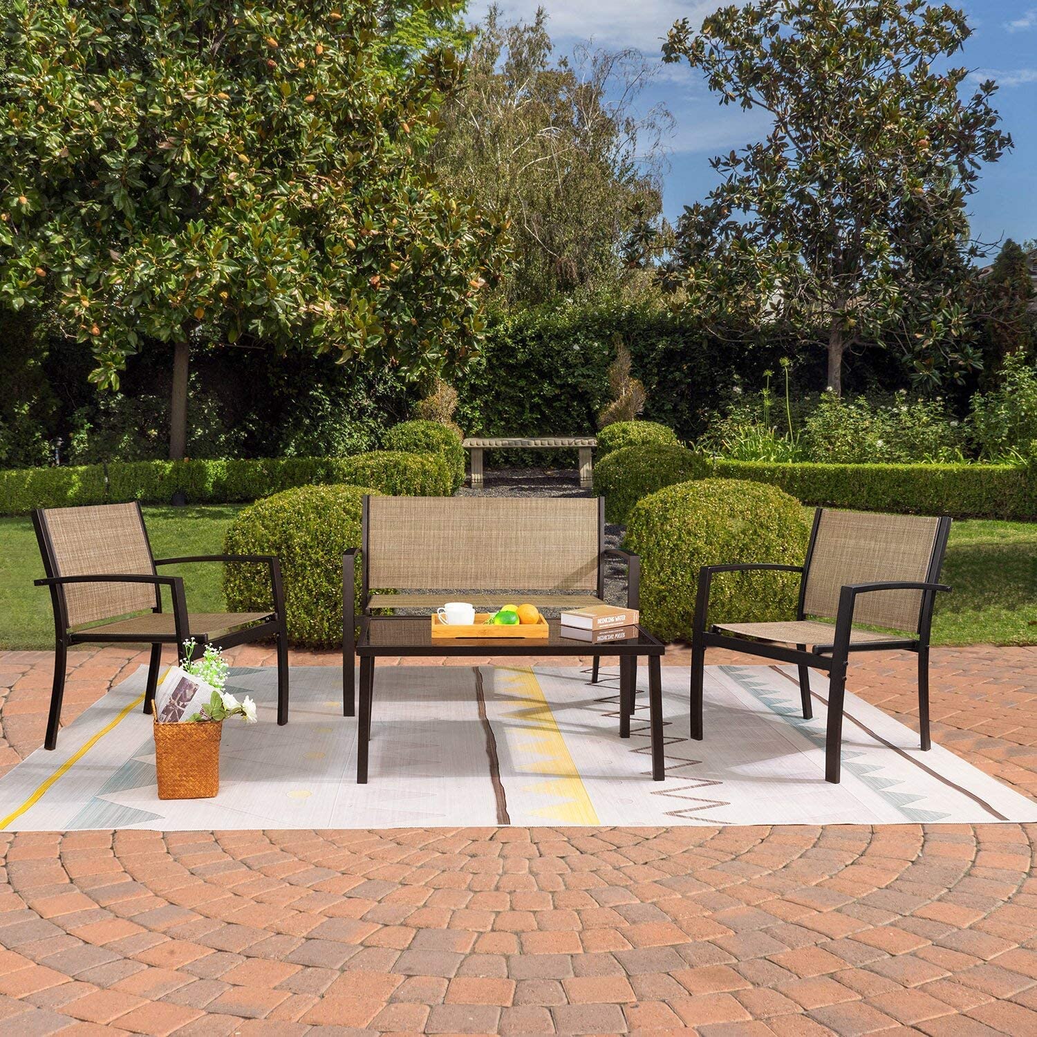 Greesum 4-Piece Outdoor Patio Furniture Set with Glass Coffee Table - Beige Wicker Conversation Set for Garden, Lawn, Poolside & Backyard - Perfect for Relaxing, Entertaining & Outdoor Dining