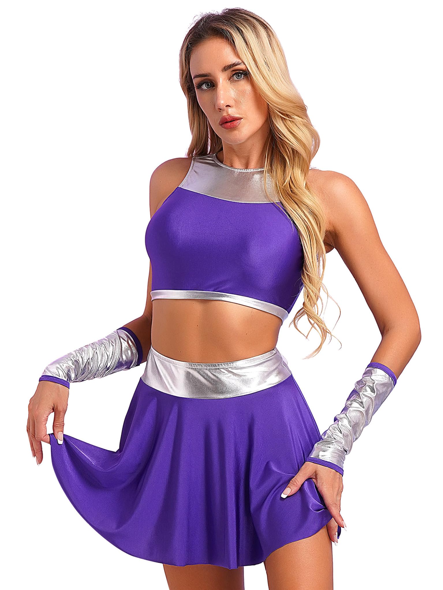 Ocealan Women's Halloween Cheerleading Dance Costume Set - Sexy Crop Top with Skirt & Gloves for Theme Party, Cosplay, Dance Performance & Halloween Dress Up