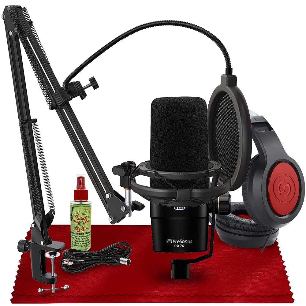 PreSonus PD-70 Dynamic Vocal Microphone with Deluxe Bundle - Professional XLR Mic for Twitch Streaming, Podcasting, YouTube & Home Studio Recording (Includes Headphones, XLR Cable & Cleaning Kit)