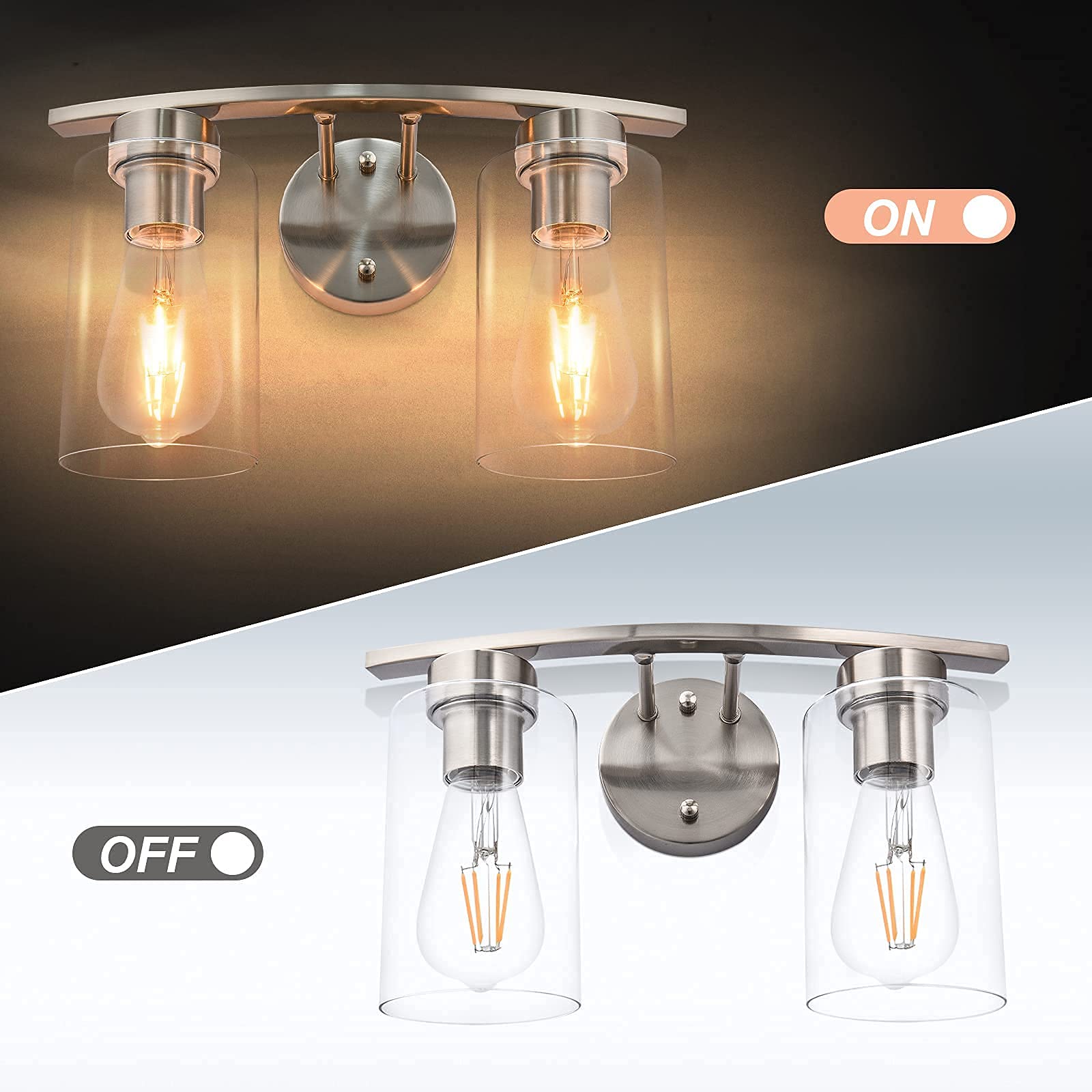 Modern 2-Light Bathroom Vanity Wall Sconce - Brushed Nickel Finish with Glass Shade - Perfect for Bathroom Mirror Lighting, Kitchen, Living Room & Bedroom Décor - Energy Efficient & Stylish Home Lighting Solution