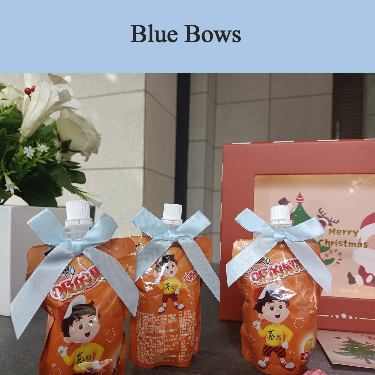 100 Pack Blue Pre-Tied Satin Twist Tie Bows for Christmas Treat Bags, Candy & Apple Packaging, DIY Decorations – Perfect for Holiday Gifts, Party Favors & Craft Projects