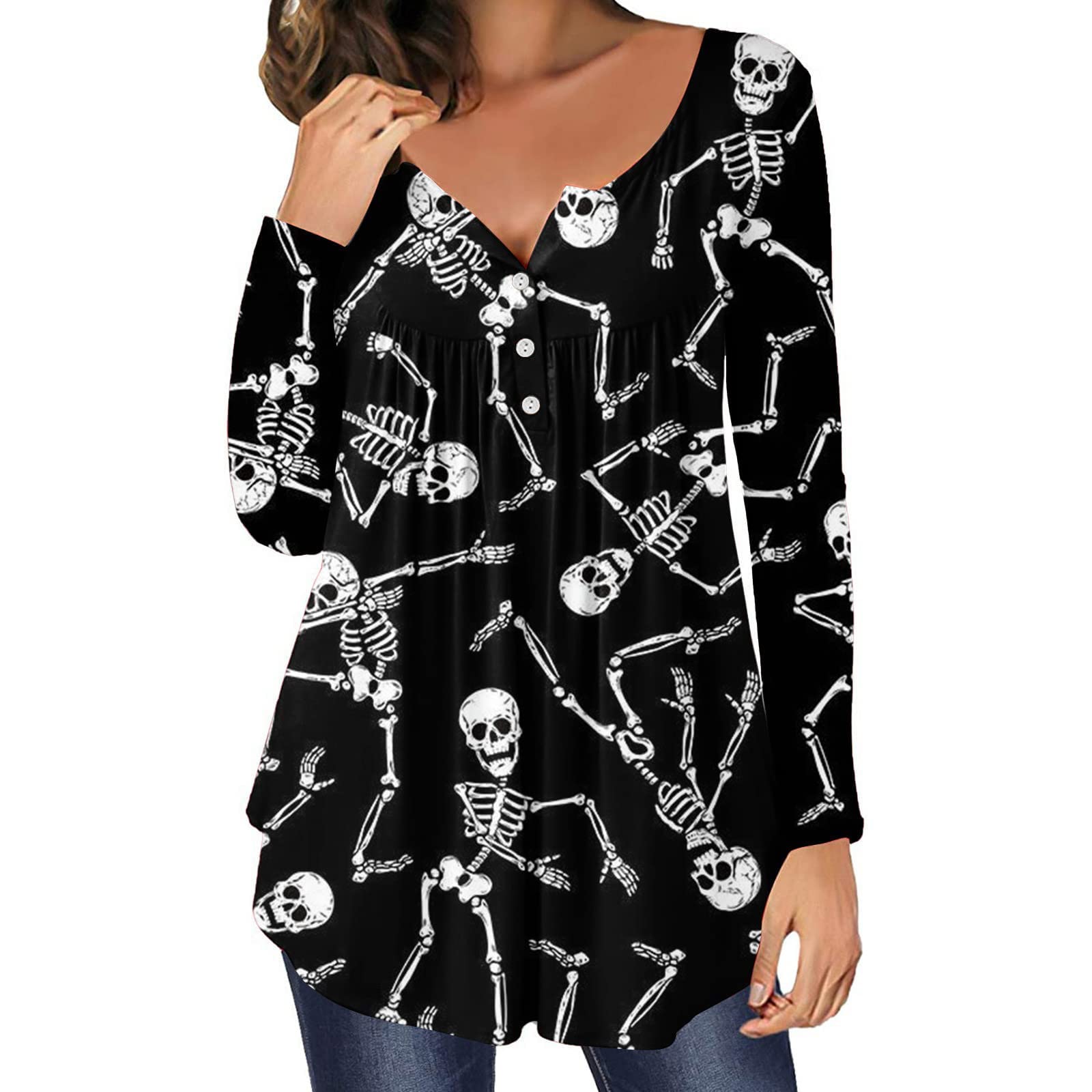 Halloween Shirts for Women - Pumpkin Cat Bat Graphic Long Sleeve T-Shirts & Button Pleated Blouses | Loose Fit Casual Tops for Halloween Parties, Office Wear & Autumn Outfits