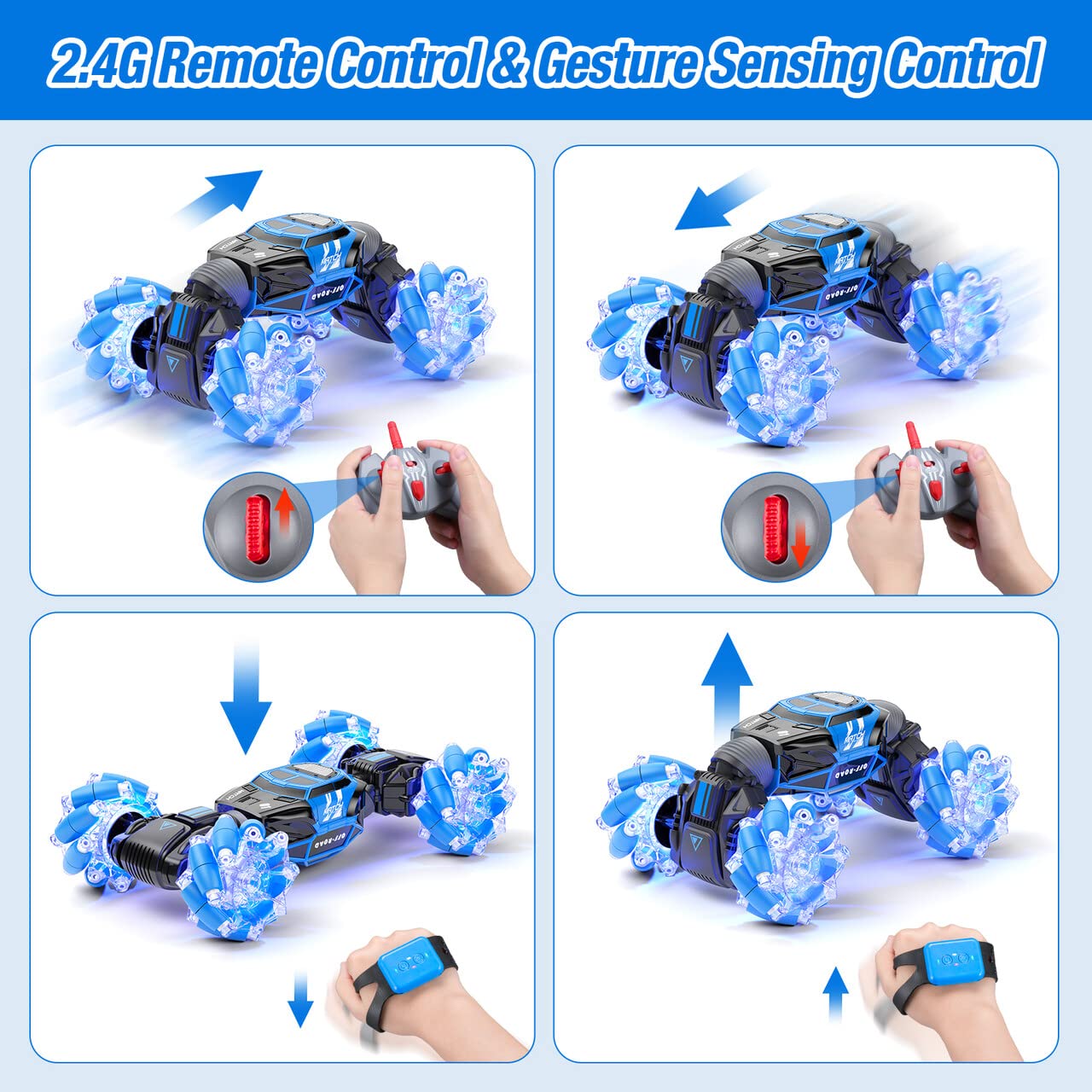 PowerExtra Gesture RC Car - 4WD 2.4GHz Remote Control Stunt Vehicle with Hand Gesture Sensing, 360° Rotation, LED Lights & Music - Best Off-Road Toy Car for Kids Ages 6-12 (Blue) - Perfect for Indoor Play, Backyard Racing & Birthday Gifts
