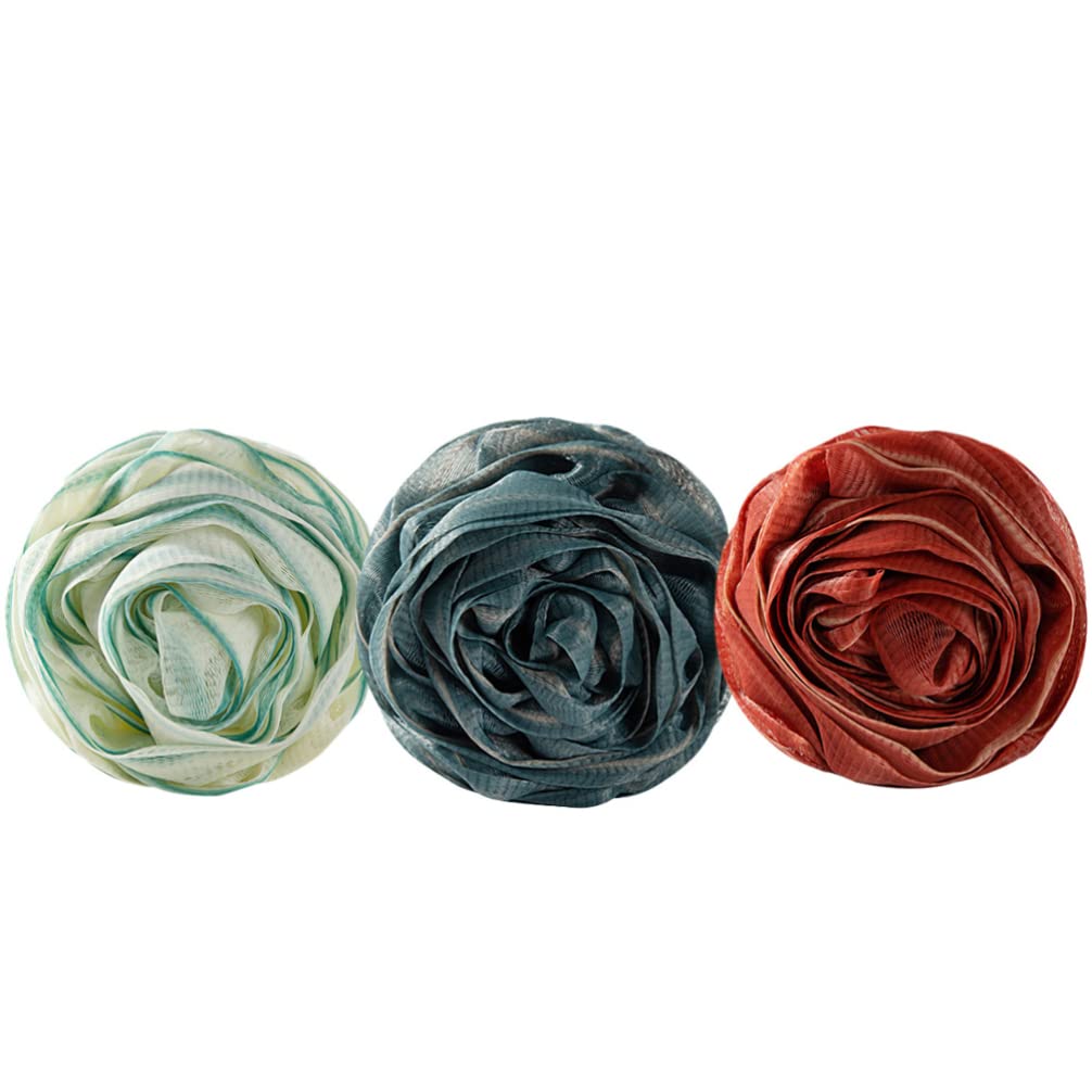 KALLORY Exfoliating Bath Sponge Set - 3 Pack Rose Shaped Shower Scrubber for Dead Skin Removal | Gentle Body Exfoliator for Adults & Kids | Perfect for Spa Day, Dry Brushing & Luxury Bath Time