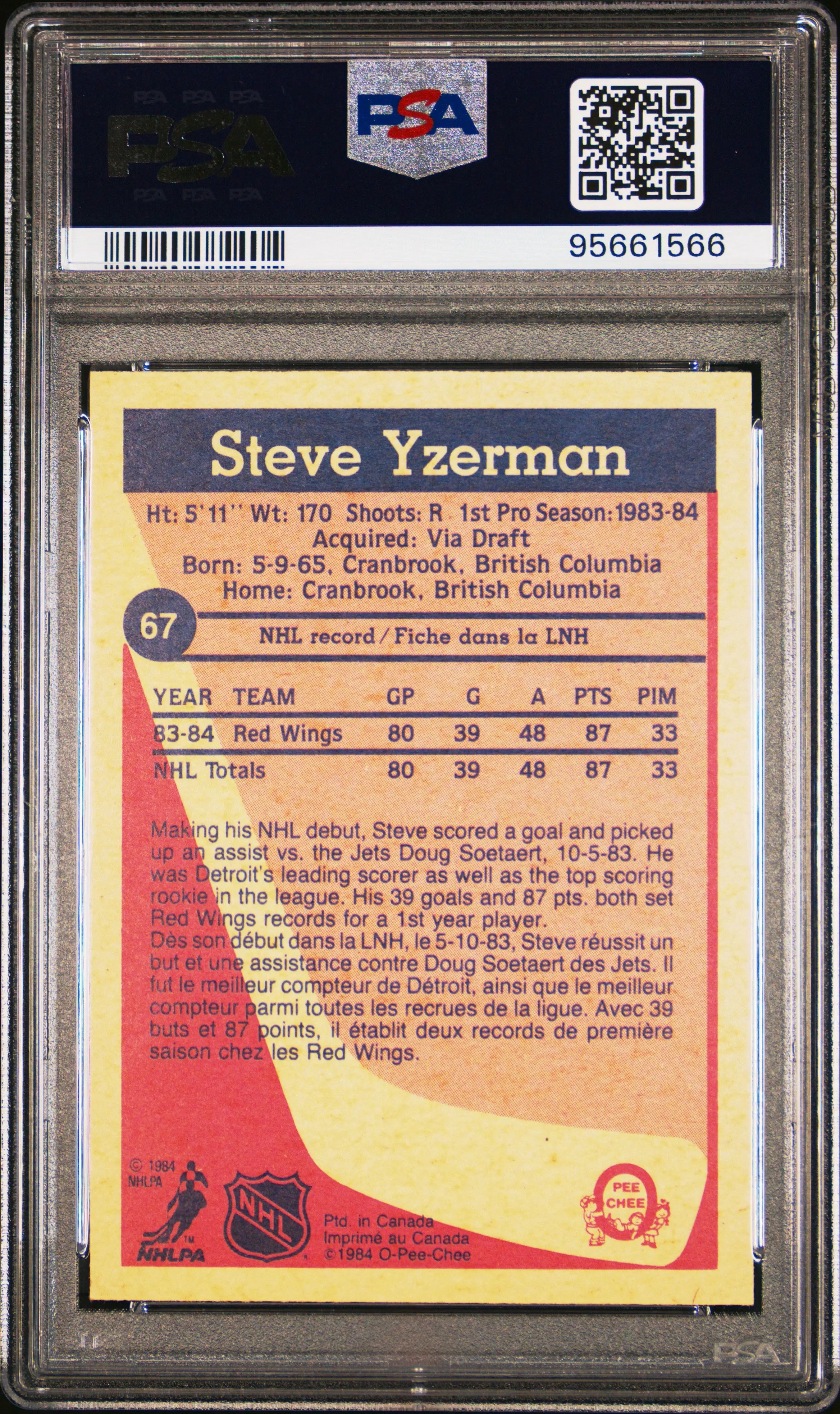 1984 O-Pee-Chee Hockey Steve Yzerman Rookie Card #67 PSA 9 Mint - Perfect for Hockey Collectors, Sports Memorabilia Displays & Investment Collections