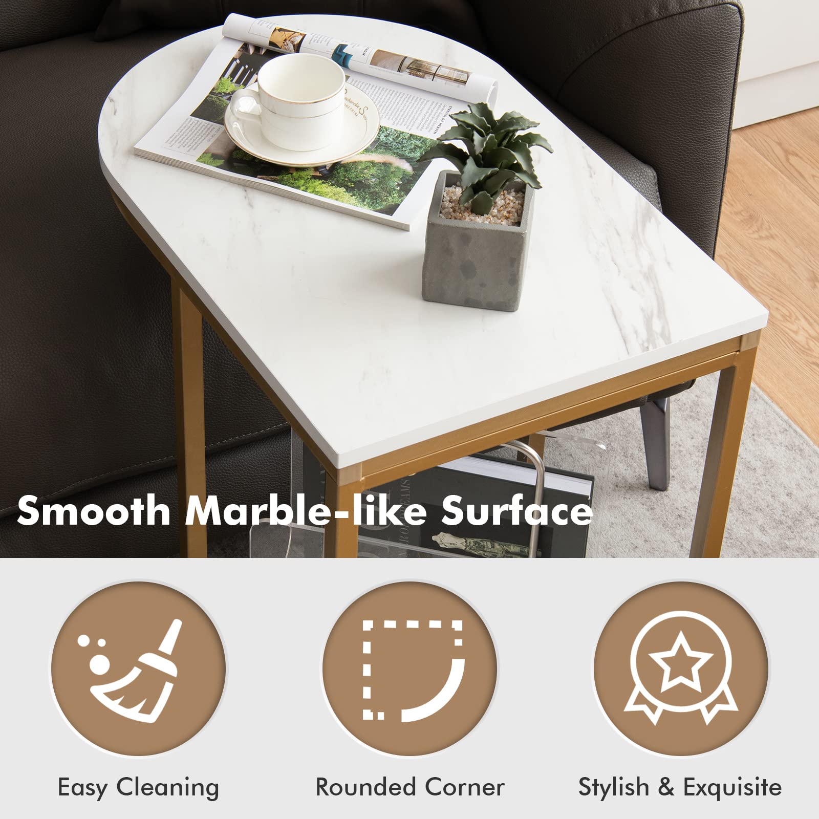 Giantex 2-Piece C-Shape Side Table Set - 2-Tier Faux Marble End Table with Storage Shelf & Sturdy Metal Frame, Sliding Sofa Table for Living Room, Bedroom Nightstand (White & Gold) | Perfect for Small Spaces, Apartment Decor & Coffee Table Alternative