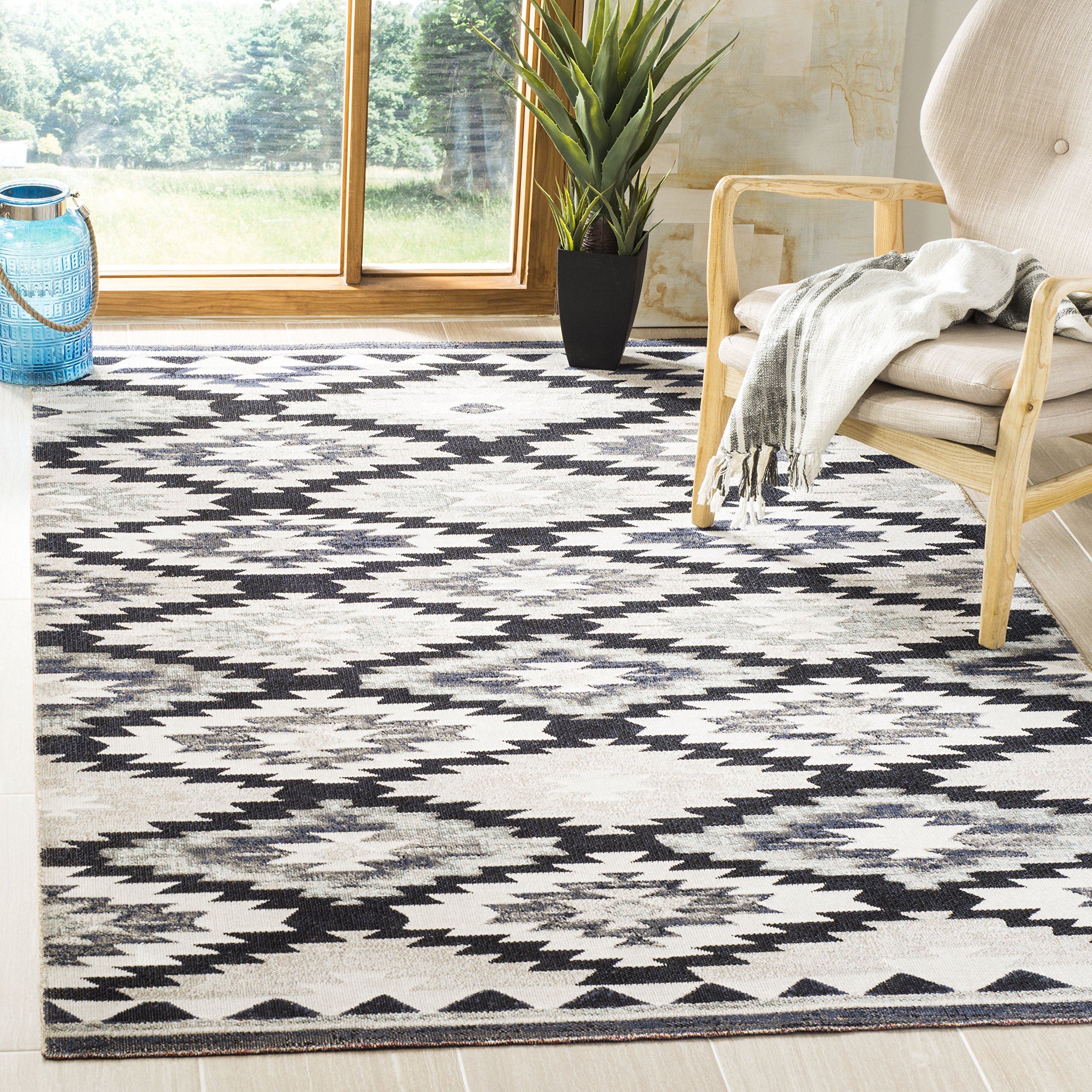 SAFAVIEH Montage Collection 4' x 6' Grey/Black MTG216H Boho Indoor/Outdoor Rug - Non-Shedding, Easy to Clean, Stain Resistant - Perfect for Patio, Backyard, Porch, Deck, Mudroom & Living Room Decor