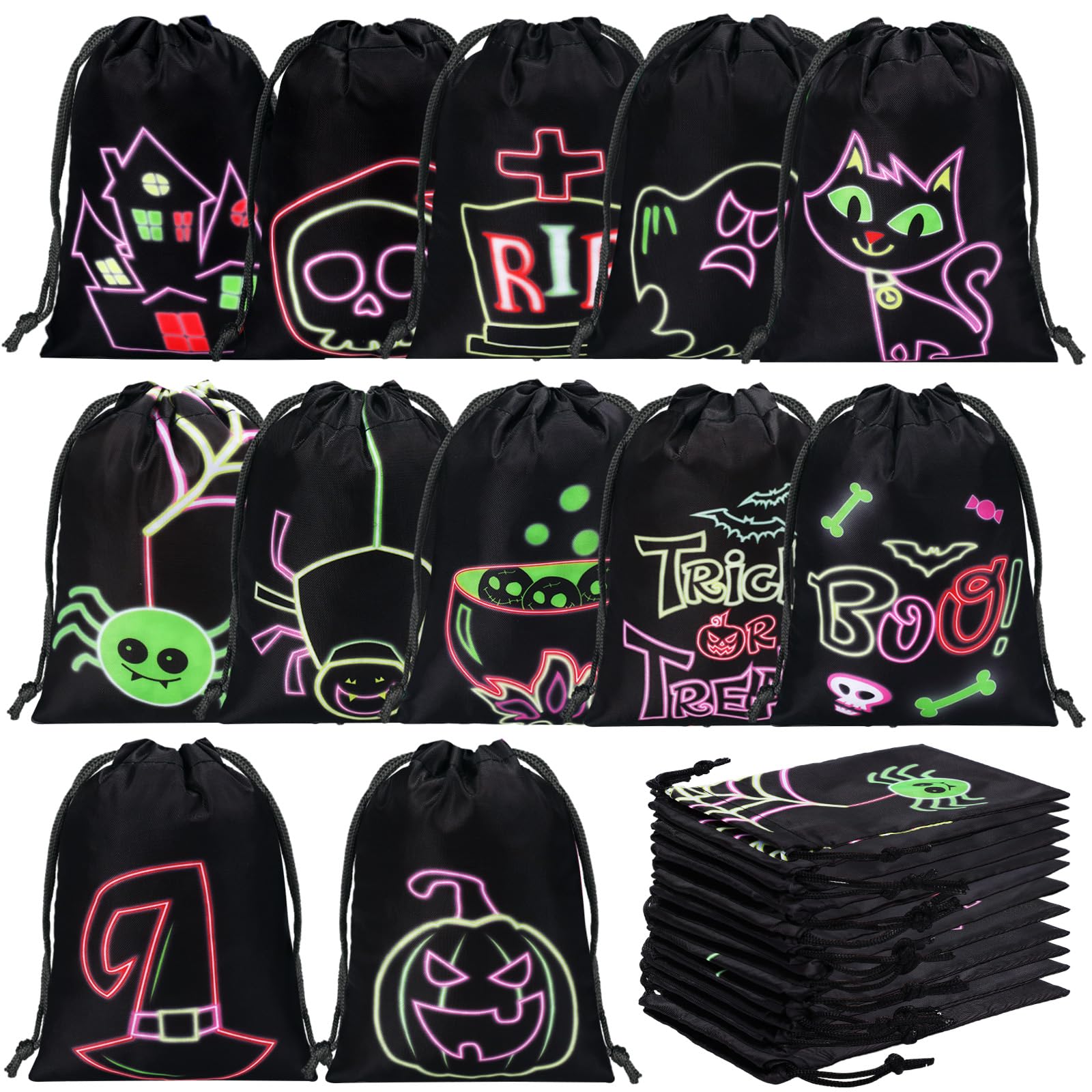 Honoson 24 Pcs Halloween Party Favor Bags - Drawstring Treat Bags for Trick or Treat, Halloween Candy & Goodie Bags - Perfect for Kids Halloween Parties, School Events & Neighborhood Trick-or-Treating