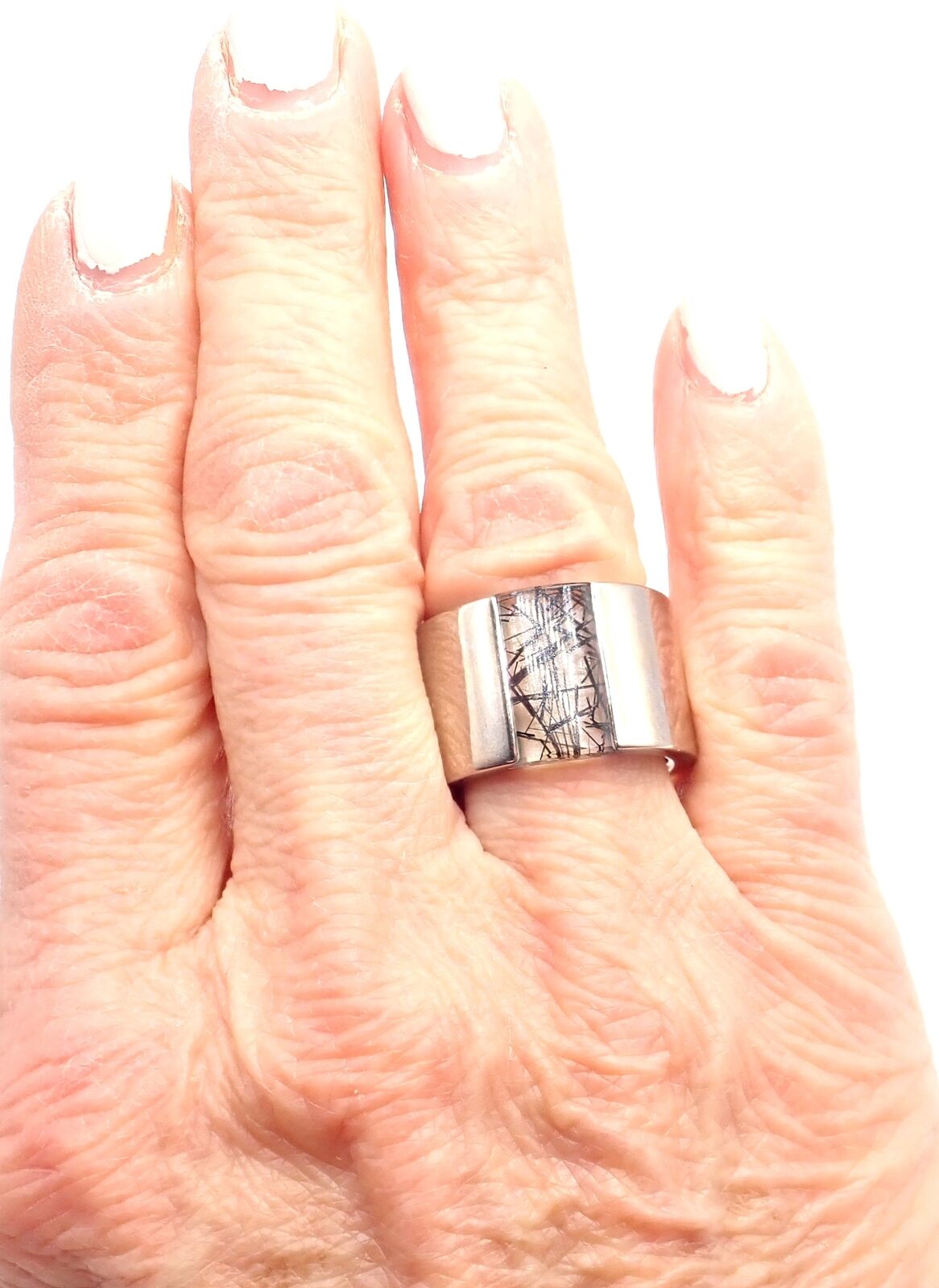 Authentic Cartier 18k White Gold Rutilated Quartz Wide Band Ring Size 7 (US) - Luxury Wedding Jewelry & Anniversary Gift for Women