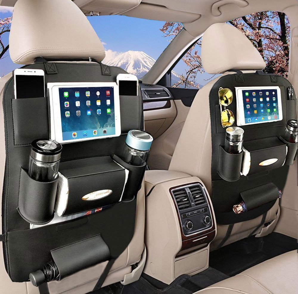 HCMAX 1 Pack Car Seat Back Organizer - PU Leather Storage Pocket with iPad Mini Holder, iPhone Cup Holder & Umbrella/Tissue Box Compartment - Backseat Protector & Kick Mat - Perfect for Road Trips & Family Travel (Black)