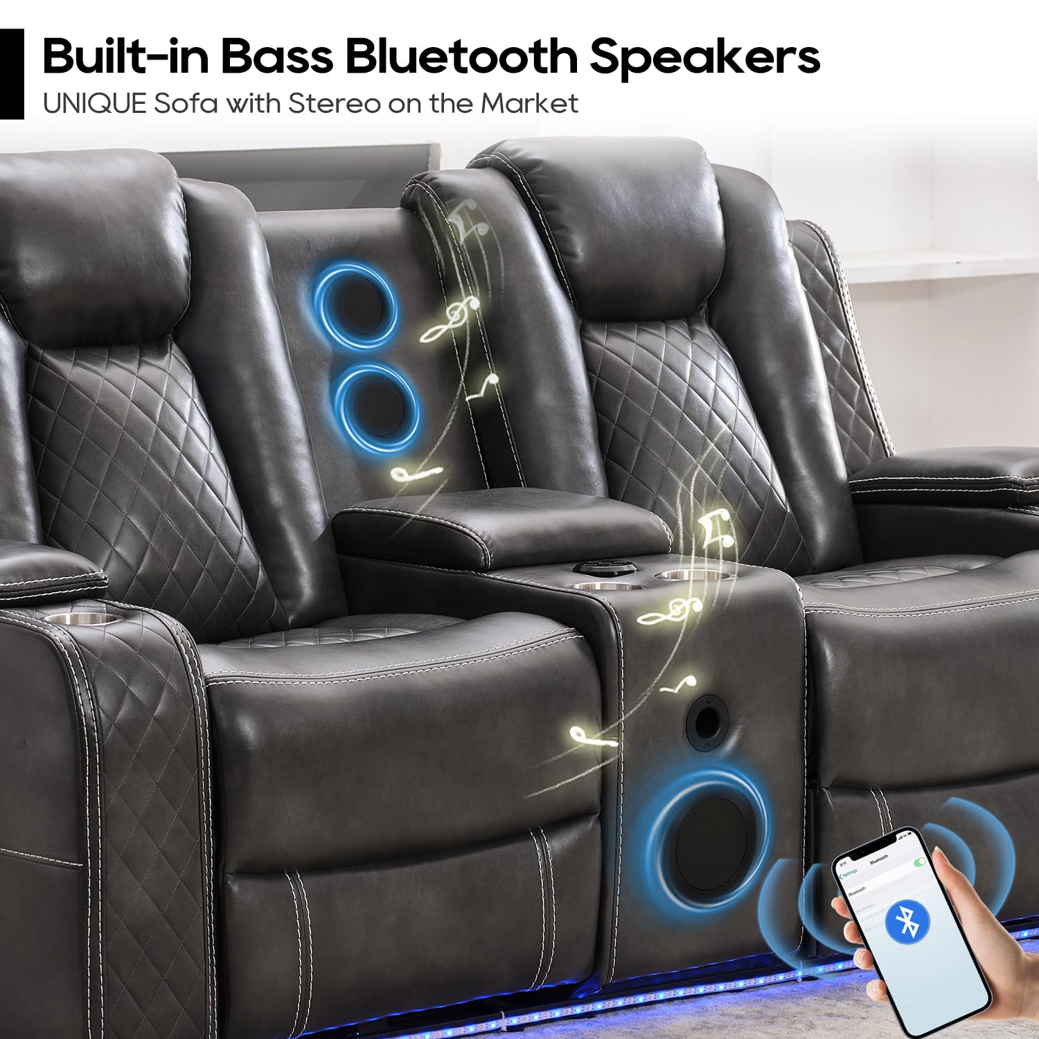 Premium Faux Leather Power Recliner Sofa Set with Bass Speaker & Wireless Charger - 3-Seater Reclining Couch & Loveseat with LED Lights & Reading Light for Living Room, Home Theater - Perfect for Movie Nights, Gaming & Relaxation (Grey)