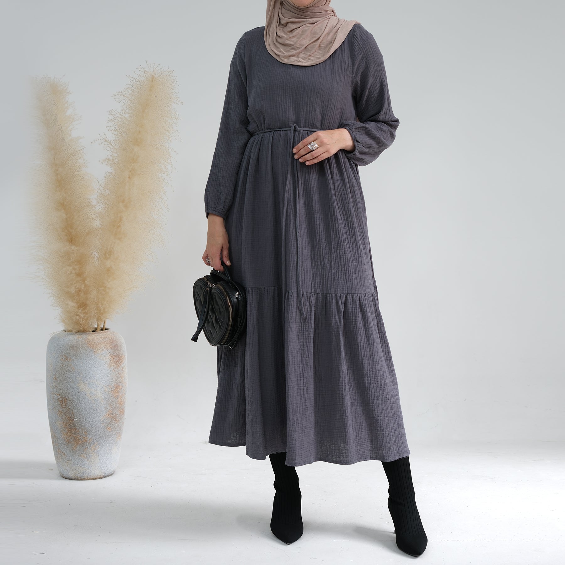 Long Sleeve Prairie Maxi Dress for Women - Flowy Boho Vintage Style Gray Midi Dress - Perfect for Casual Outings, Date Nights & Fall Weddings
