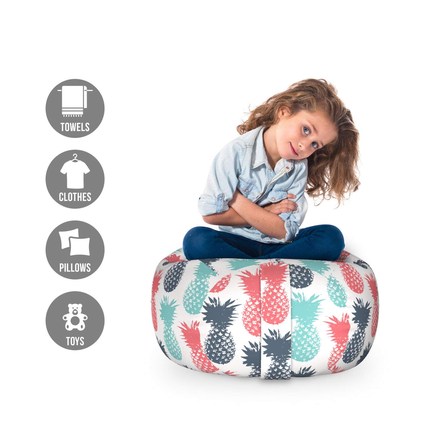 Ambesonne Pineapple Storage Toy Bag Chair - Tropical Fruit Pattern Stuffed Animal Organizer, Washable Small Size in Turquoise White Coral - Perfect for Kids' Room, Playroom & Beach House Decor