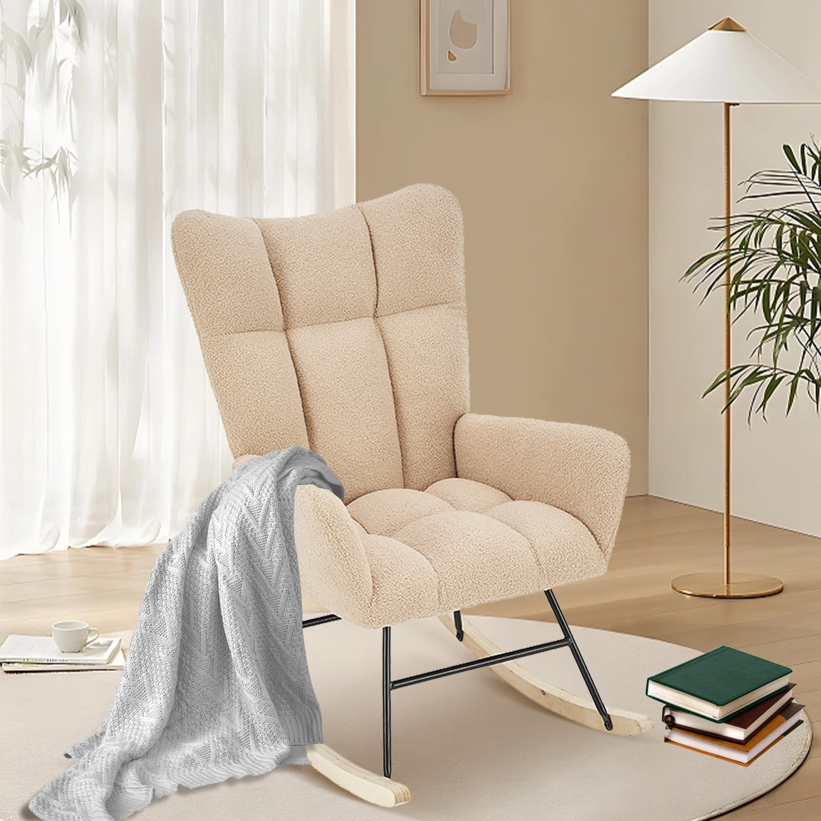 Nursery Rocking Chair with Teddy Upholstery - High Backrest & Armrests, Comfortable Wooden Base Rocker for Baby Nursery, Living Room & Bedroom - Perfect for Nursing, Reading & Relaxing