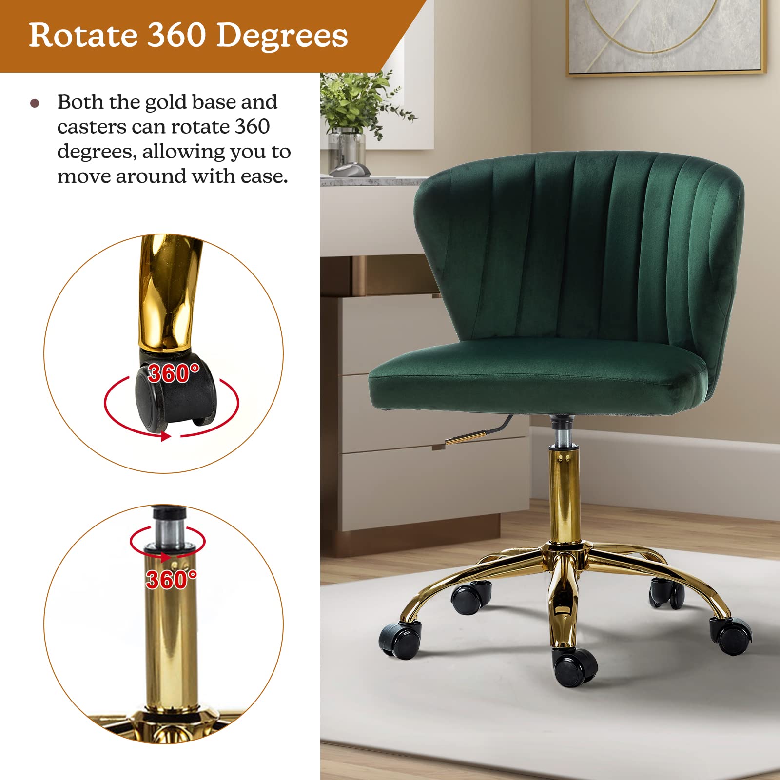 TINA'S HOME Modern Velvet Armless Office Chair with Wheels & Gold Base - Adjustable Low Back Swivel Rolling Task Chair for Home Office, Living Room, Vanity or Study - Green Velvet Upholstered Desk Chair for Work & Relaxation
