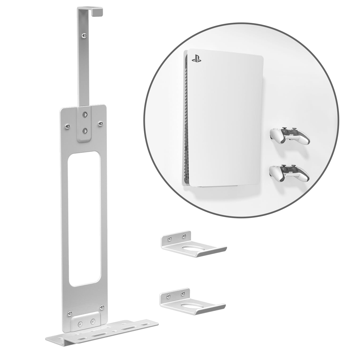 PS5 Wall Mount Console Holder - White Gaming Stand for PlayStation 5 with 2 Controller Stands | Space-Saving Vertical or Horizontal Display for Living Room & Game Room Setup