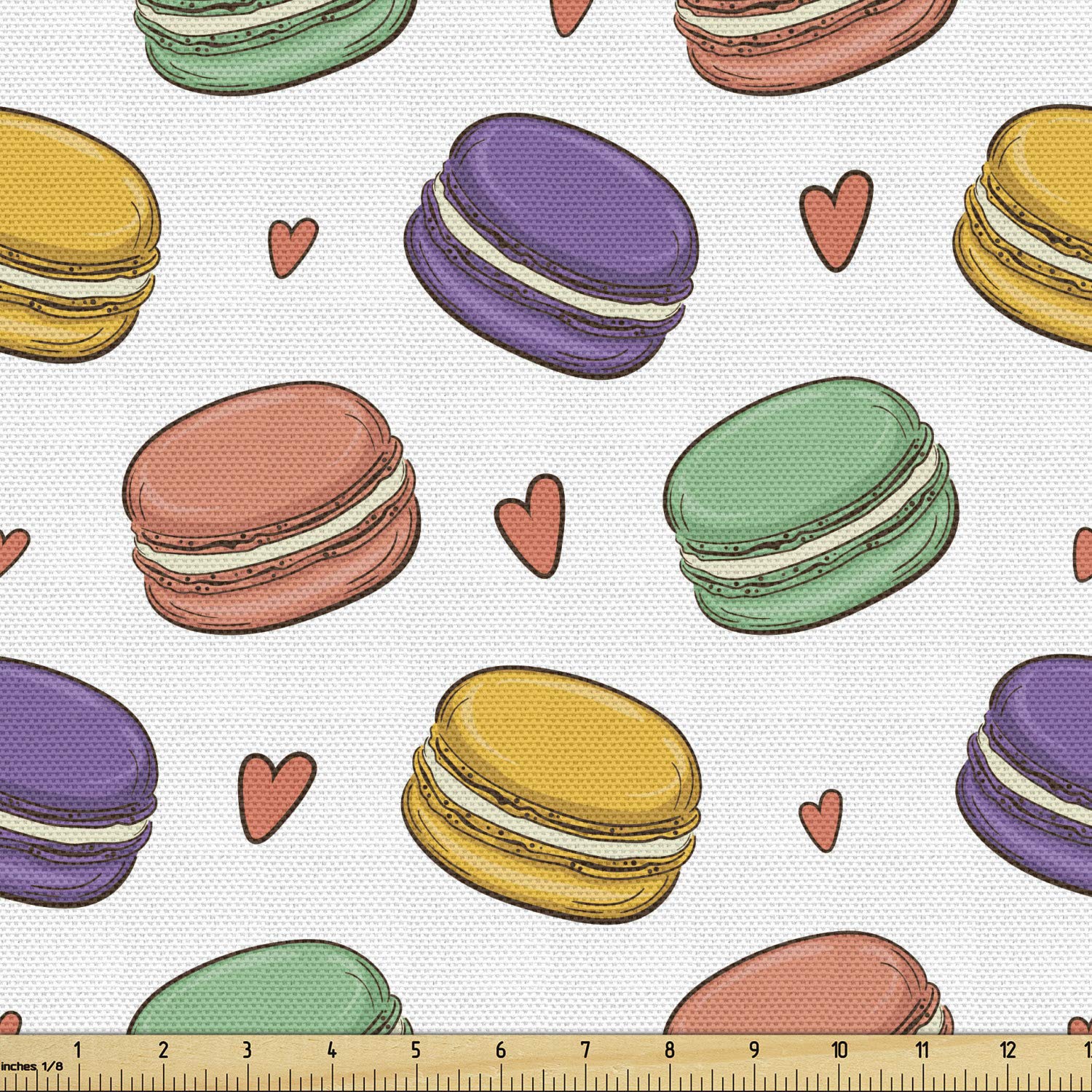 Ambesonne Food Fabric by The Yard - Colorful Macarons Cookies & Hearts Print, Modern Confectionery Design for Upholstery, Curtains & DIY Home Decor (5 Yards, Orange & Multicolor) - Perfect for Kitchen Decor, Table Runners & Craft Projects