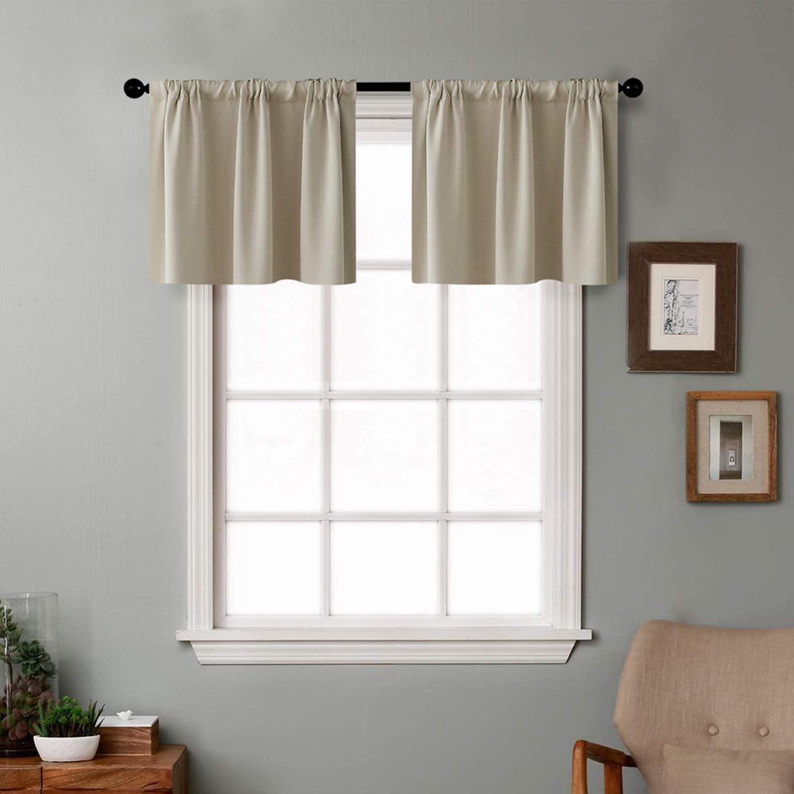 MRTREES 18 Inch Beige Blackout Valance Curtains for Kitchen & Bathroom - Room Darkening Triple Weave Short Cafe Curtains, Set of 2 Panels (34x18 Inches) - Perfect for Half Windows, Small Spaces & Home Decor