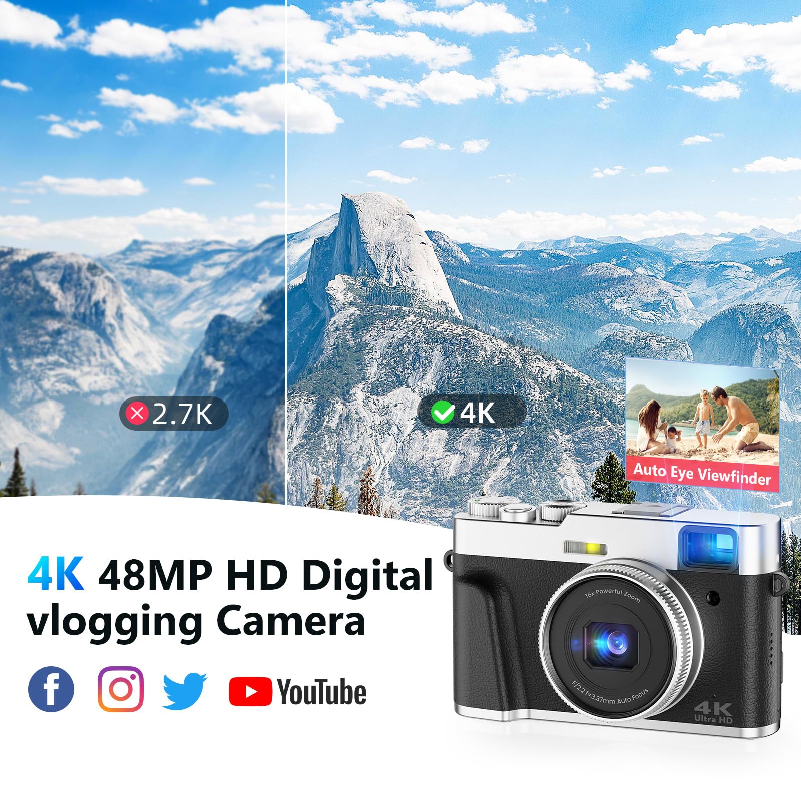 4K Digital Camera with Autofocus - 48MP YouTube Vlogging Camera, 16X Digital Zoom, Anti-Shake, 32GB Micro Card Included - Compact Point and Shoot Travel Camera for Vloggers, Travelers & Content Creators (Black) - Perfect for Outdoor Adventures, Family Events & Social Media Content Creation