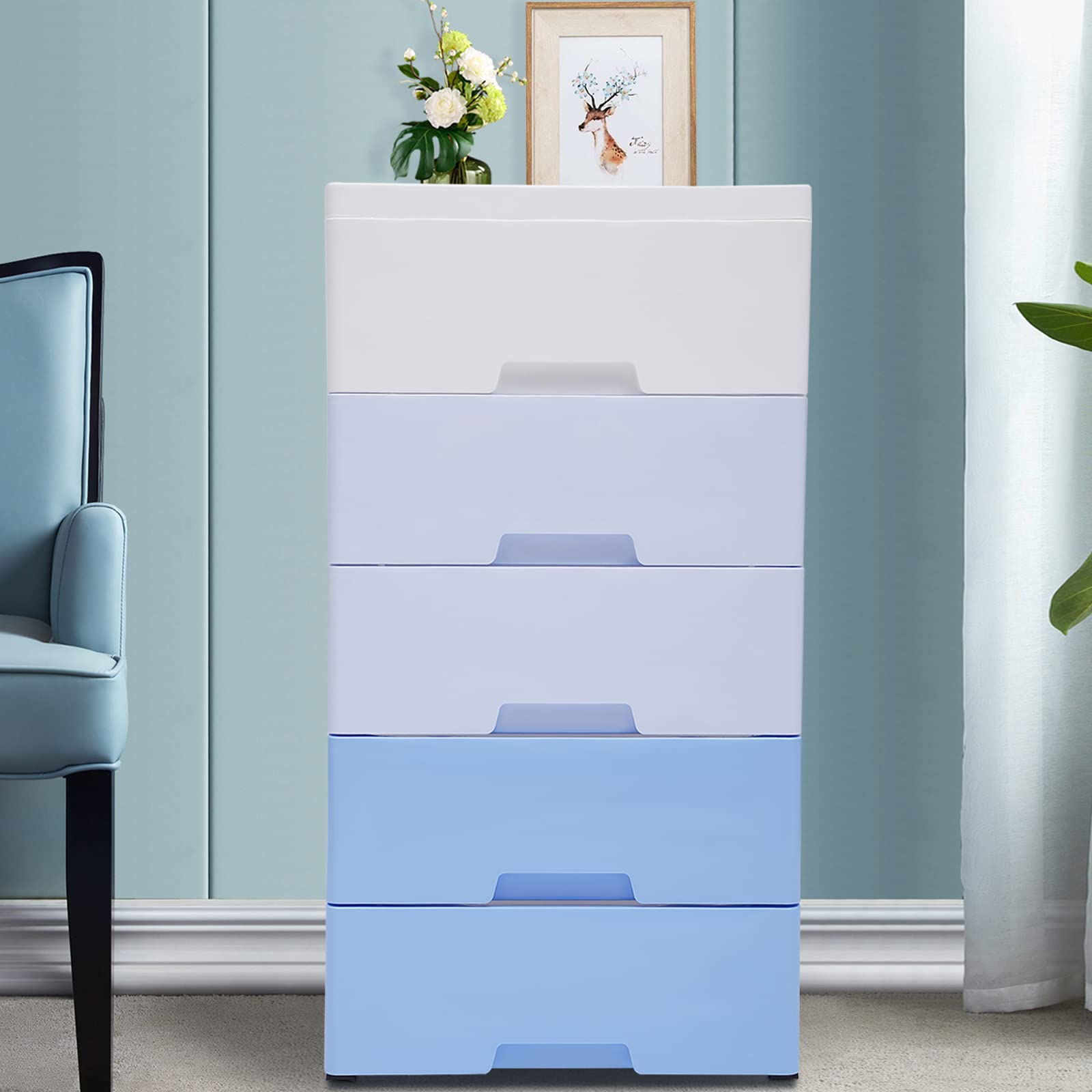 5-Drawer Stackable Plastic Storage Cabinet - Tall Vertical Dresser Organizer for Clothes, Toys & Bedroom - Space-Saving Closet Furniture for Playroom, Nursery & Small Spaces