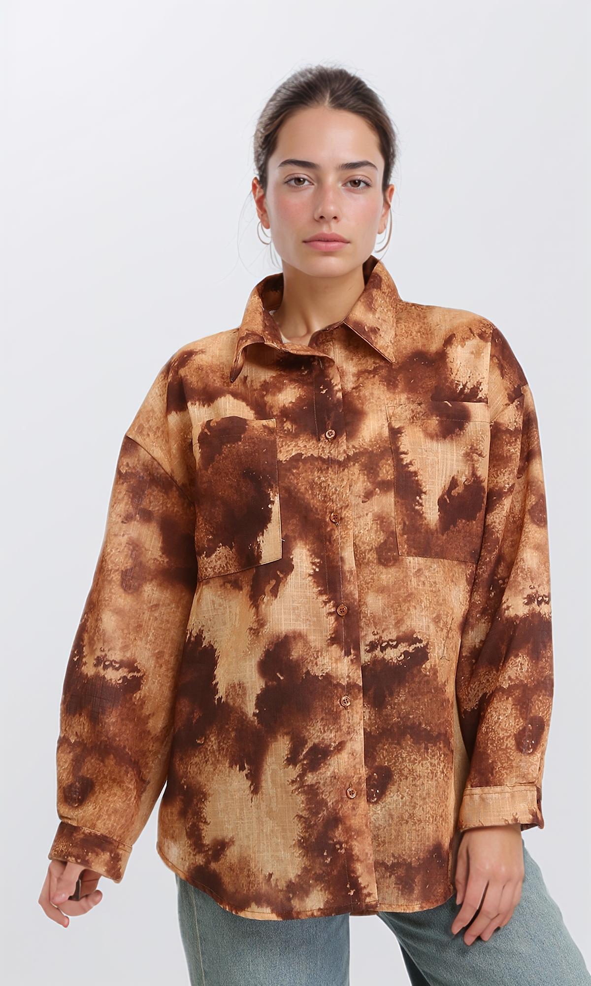 R204840 Patterned Long Sleeve Relaxed Shirt in Camel & Brown - Casual Comfort for Everyday Wear & Office Outfits