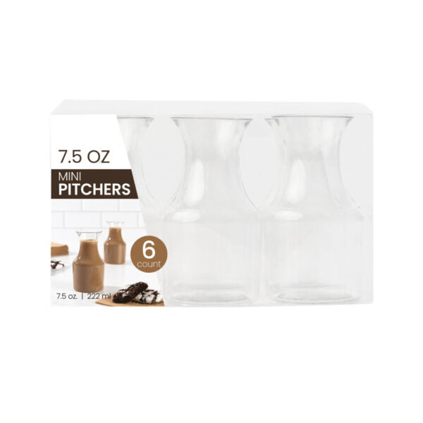 7.5 oz Clear Mini Pitchers - 6 Pack | Perfect for Juice, Milk, Cocktails & Small Beverages | BPA-Free Plastic Drinkware for Parties, Restaurants & Home Use