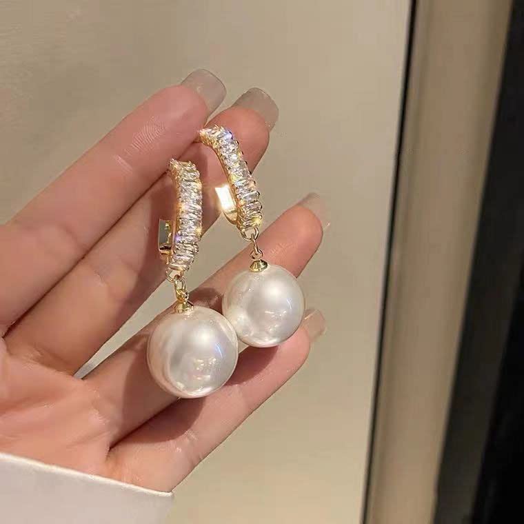 2021 Korean Style Oversized White Pearl Drop Earrings for Women - Bohemian Golden Round Zircon Wedding Jewelry Gift - Perfect for Bridal, Party & Special Occasions