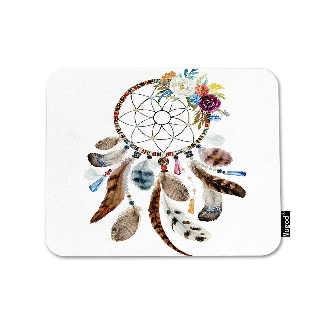 Bohemian Dream Catcher Floral Feather Mouse Pad - Non-Slip Rubber Base Gaming Mouse Mat for Computer, Laptop, PC - Colorful Flower Ethnic Tribal Design (9.5x7.9 Inch) - Perfect for Office, Home & Gaming Setup
