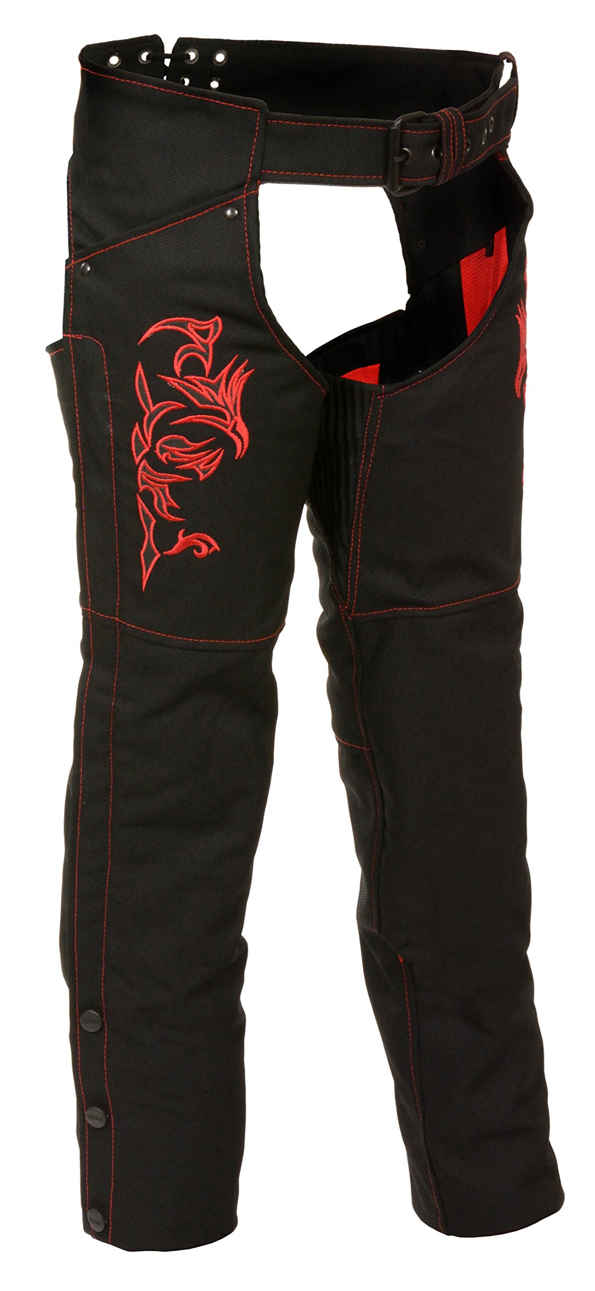 Milwaukee Leather Women's Textile Motorcycle Chaps with Tribal Embroidery & Reflective Strips - Perfect for Riding, Biker Events & Outdoor Adventures