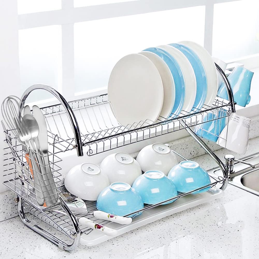 Stainless Steel 2-Tier Dish Drying Rack with Drainboard - Kitchen Counter Organizer for Utensils & Cups