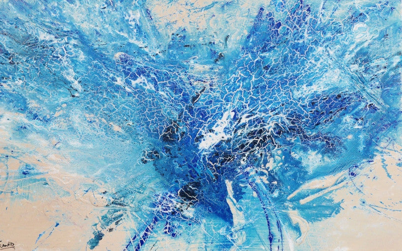 Abstract Blue Cream Splash Wall Art - Modern Canvas Painting for Home & Office Decor - Perfect for Living Rooms, Bedrooms, and Workspaces
