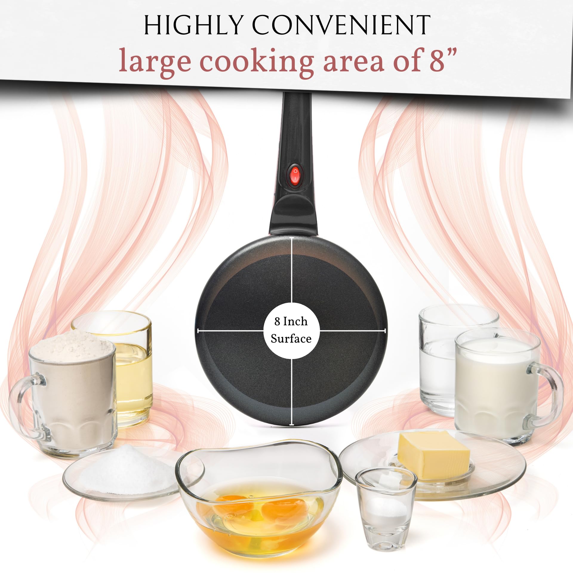 Electric Crepe Maker with Auto Power Off & Non-Stick Coating - 8 Inch Portable Pancake Maker with Automatic Temperature Control - Perfect for Breakfast, Brunch, and Dessert Crepes at Home or Cafe